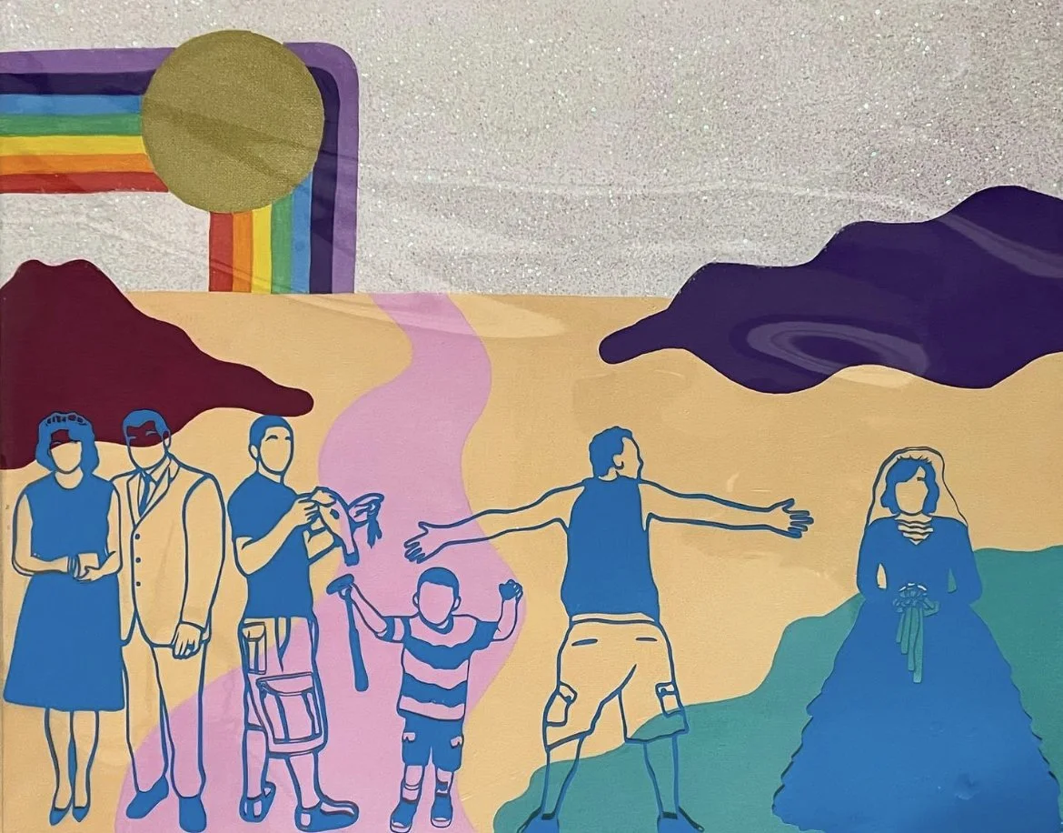 Colorful mural depicting six people and a rainbow, with mountains and a yellow sun in the background.