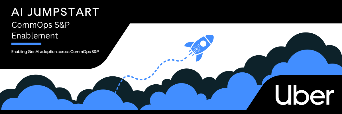 Uber logo with a graphic of a rocket launching through clouds, representing AI jumpstart for CommOps S&P with GenAI adoption.