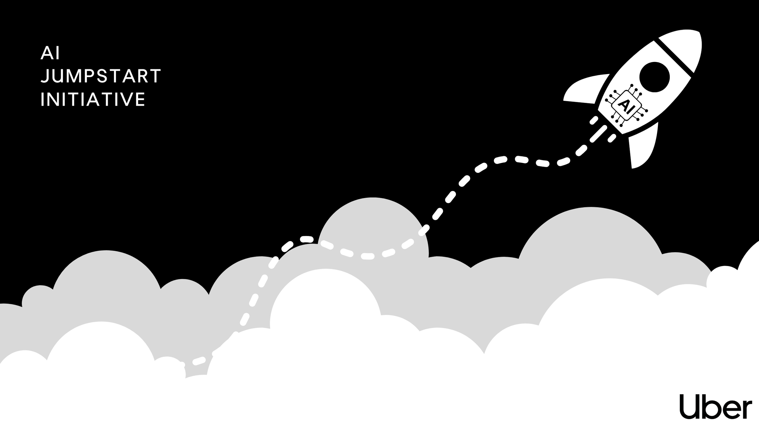 Black and white illustration of a rocket taking off through clouds, with the words 'AI Jumpstart Initiative' and Uber logo.