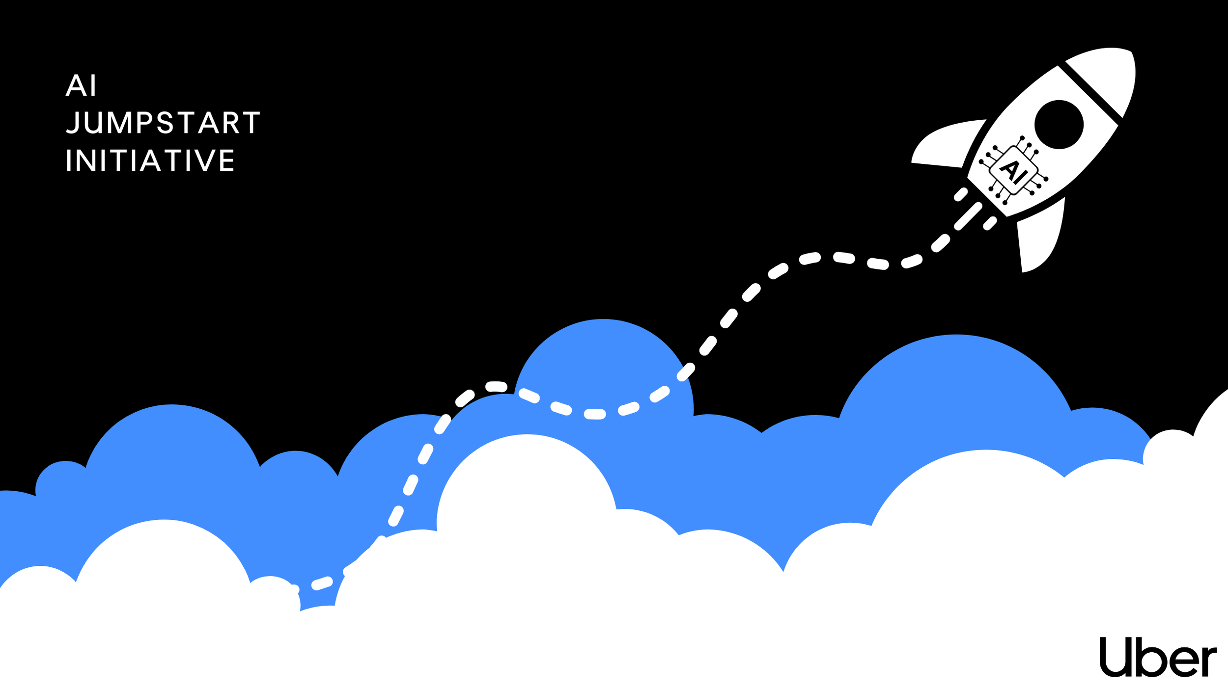 Illustration of a rocket launching from clouds, with a dotted trail, representing Uber's AI JumpStart Initiative.
