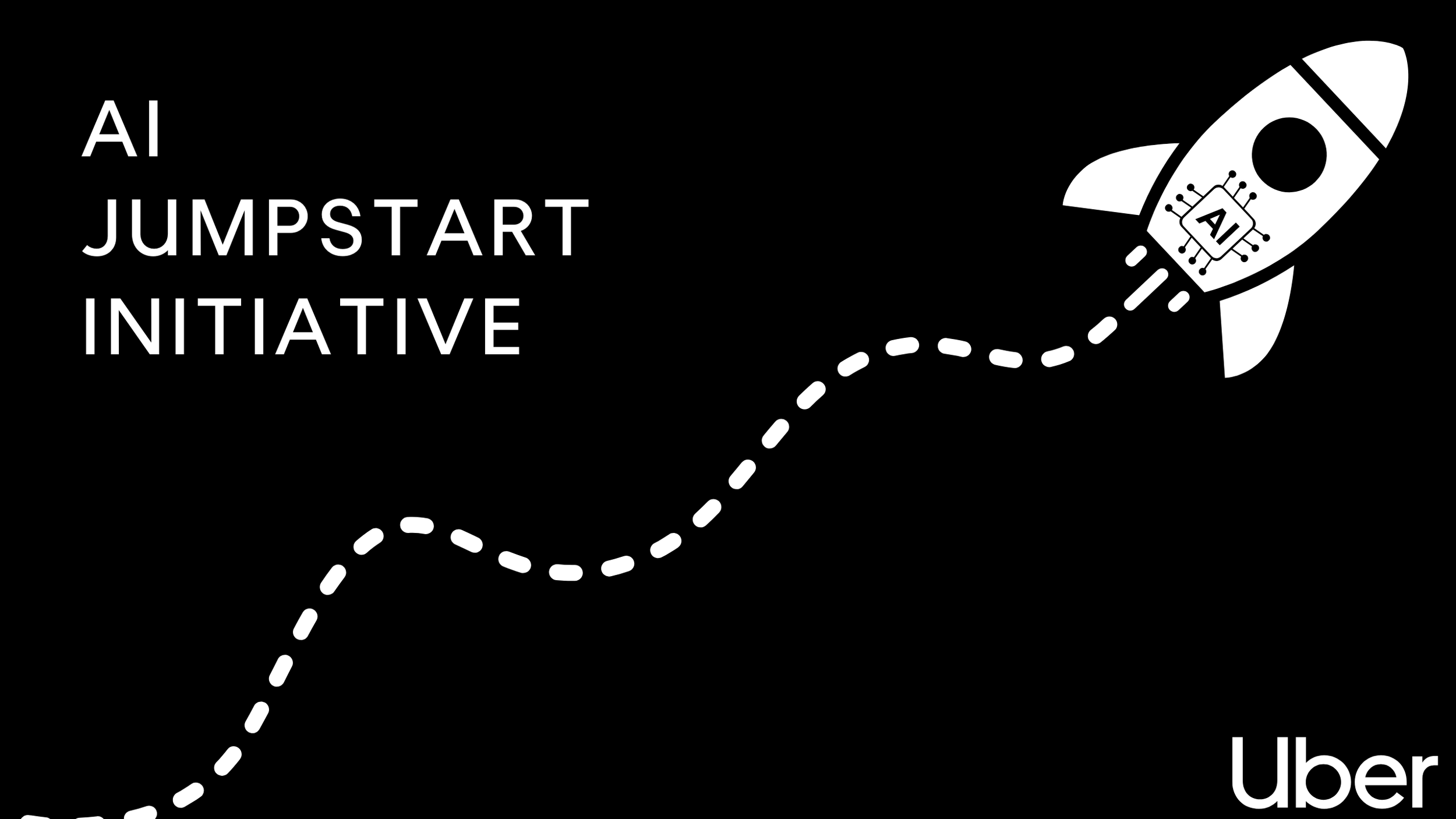 A black and white graphic featuring a rocket with a circuit symbol marked 'AI' on it, a dotted line representing its flight path, and the text 'AI Jumpstart Initiative' in the top left, with the Uber logo in the bottom right.