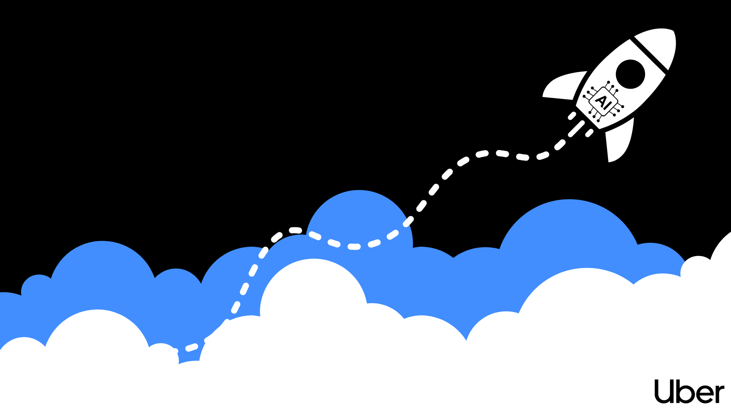 A black and white illustration of a rocket with 'AI' written on it, launching above blue and white clouds with a dotted path showing its trajectory, and the Uber logo in the bottom right corner.