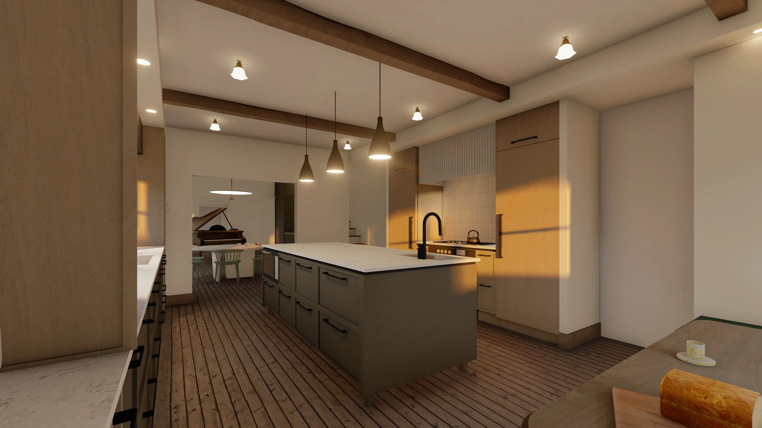 Modern kitchen with a large island, pendant lights, stove, and a dining area with a grand piano visible in the background.
