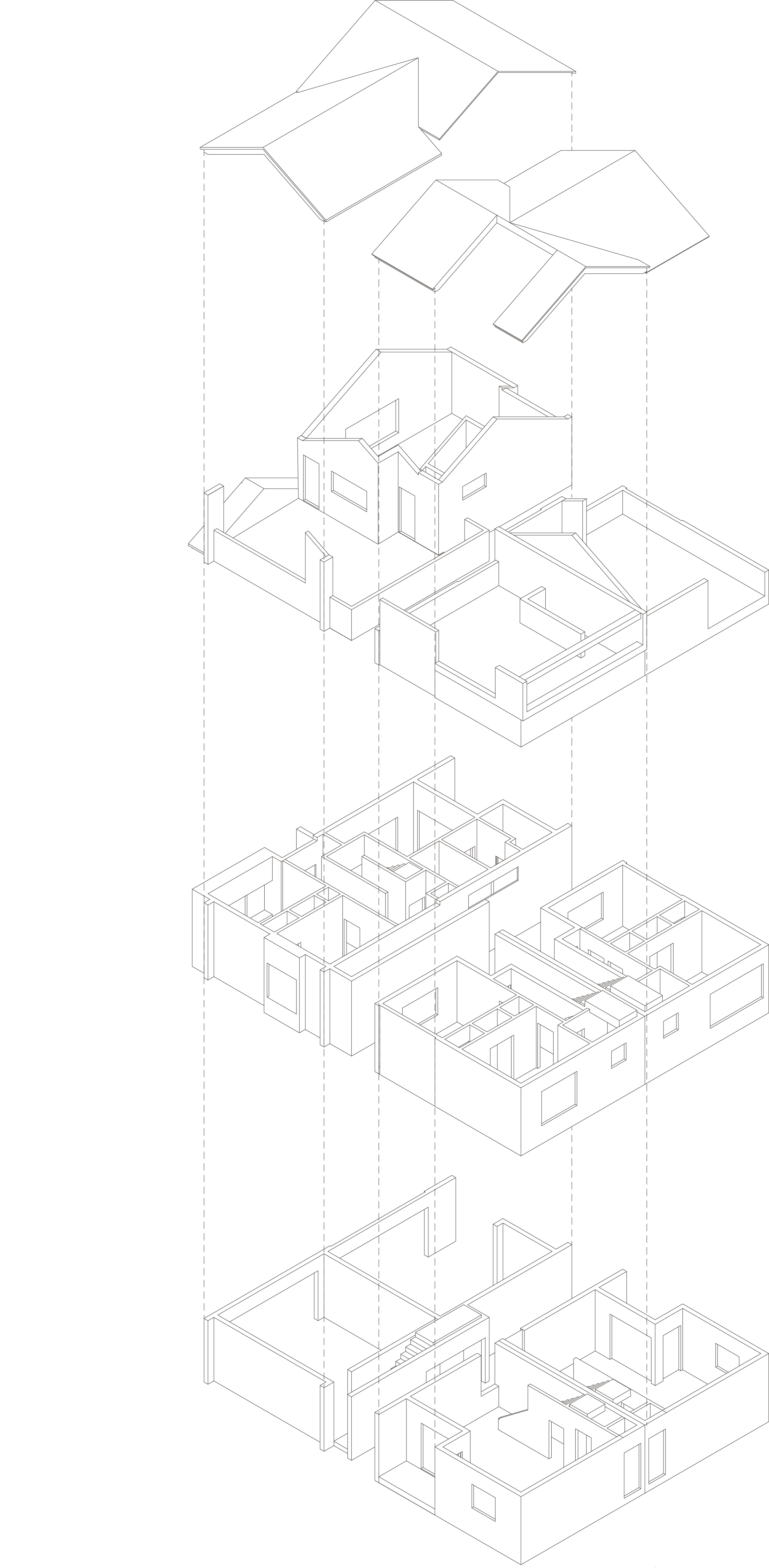 Exploded axonometric illustration of a multi-story house showing five different floors, including layout plans and structural details.