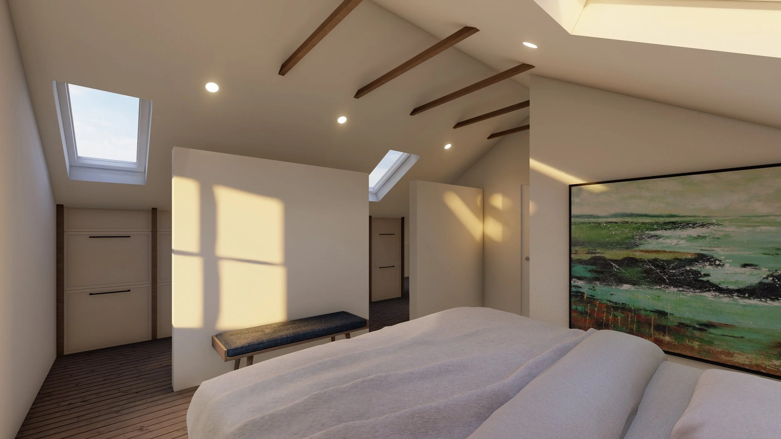 A bedroom with a sloped ceiling, two skylights, wooden beams, a large abstract painting, a bench against a wall, and warm natural lighting.