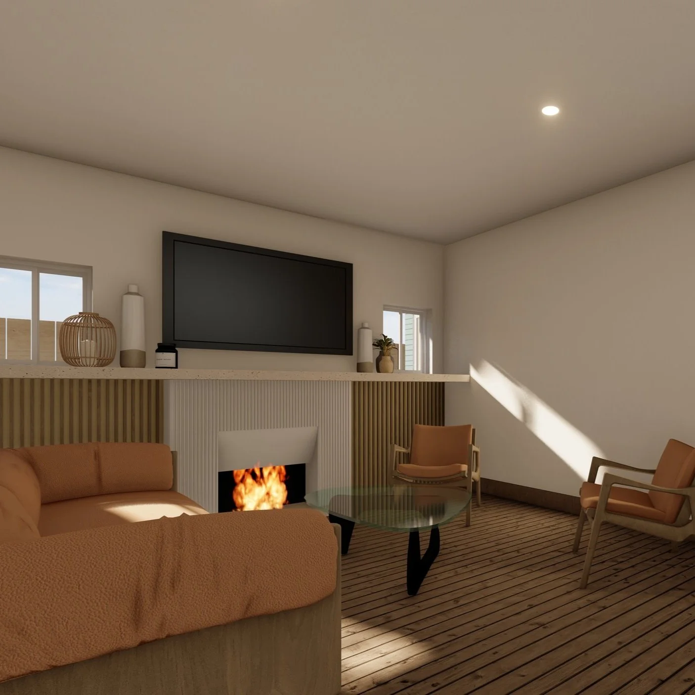 Living room with a fireplace, a wall-mounted television, a beige sofa with an orange blanket, two armchairs, a glass coffee table, decorative items on a shelf, small windows, and wood flooring.