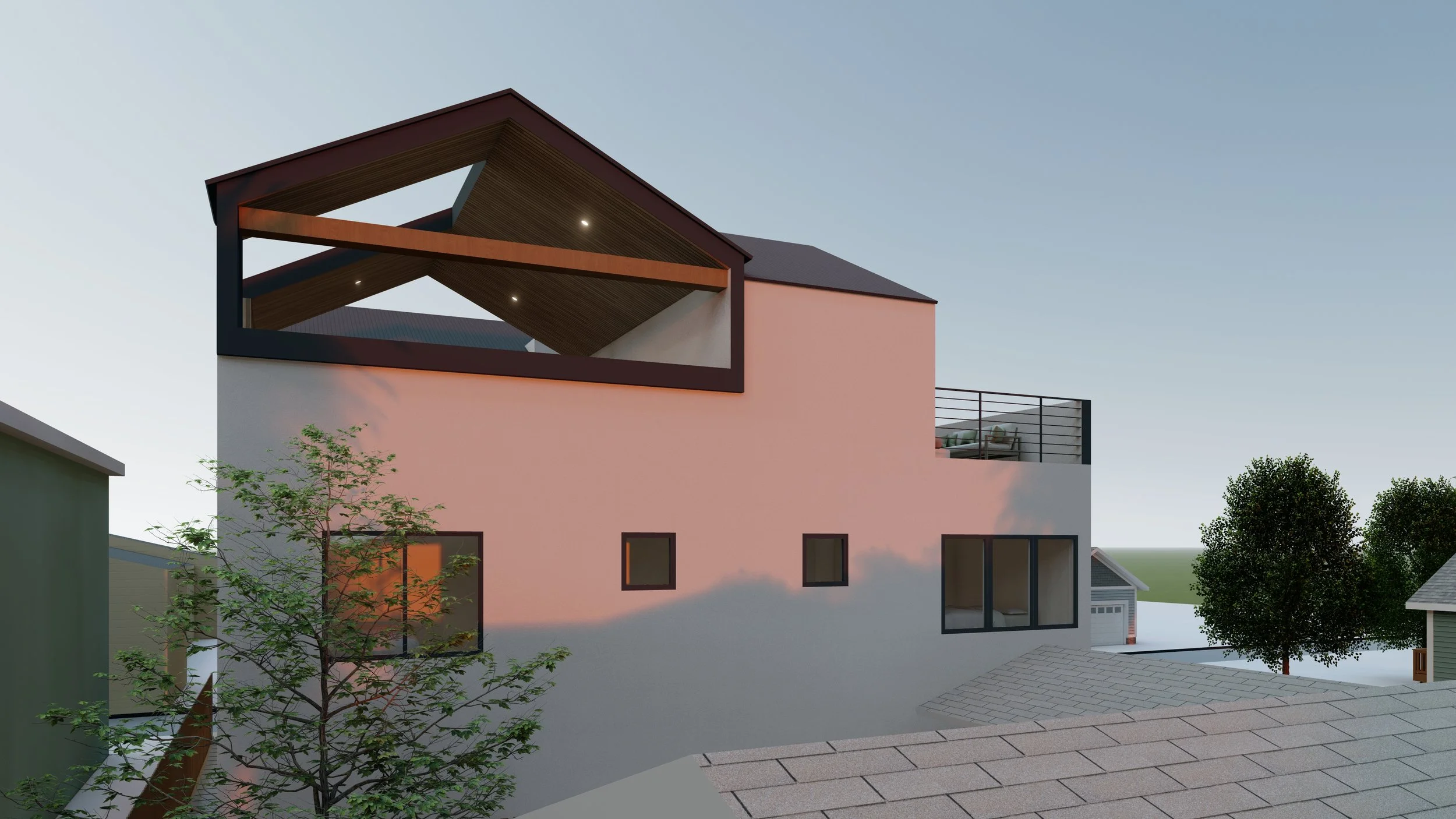 Modern multi-story house with a rooftop balcony, large windows, and wooden interior ceiling visible through an open frame, surrounded by trees and neighboring houses.