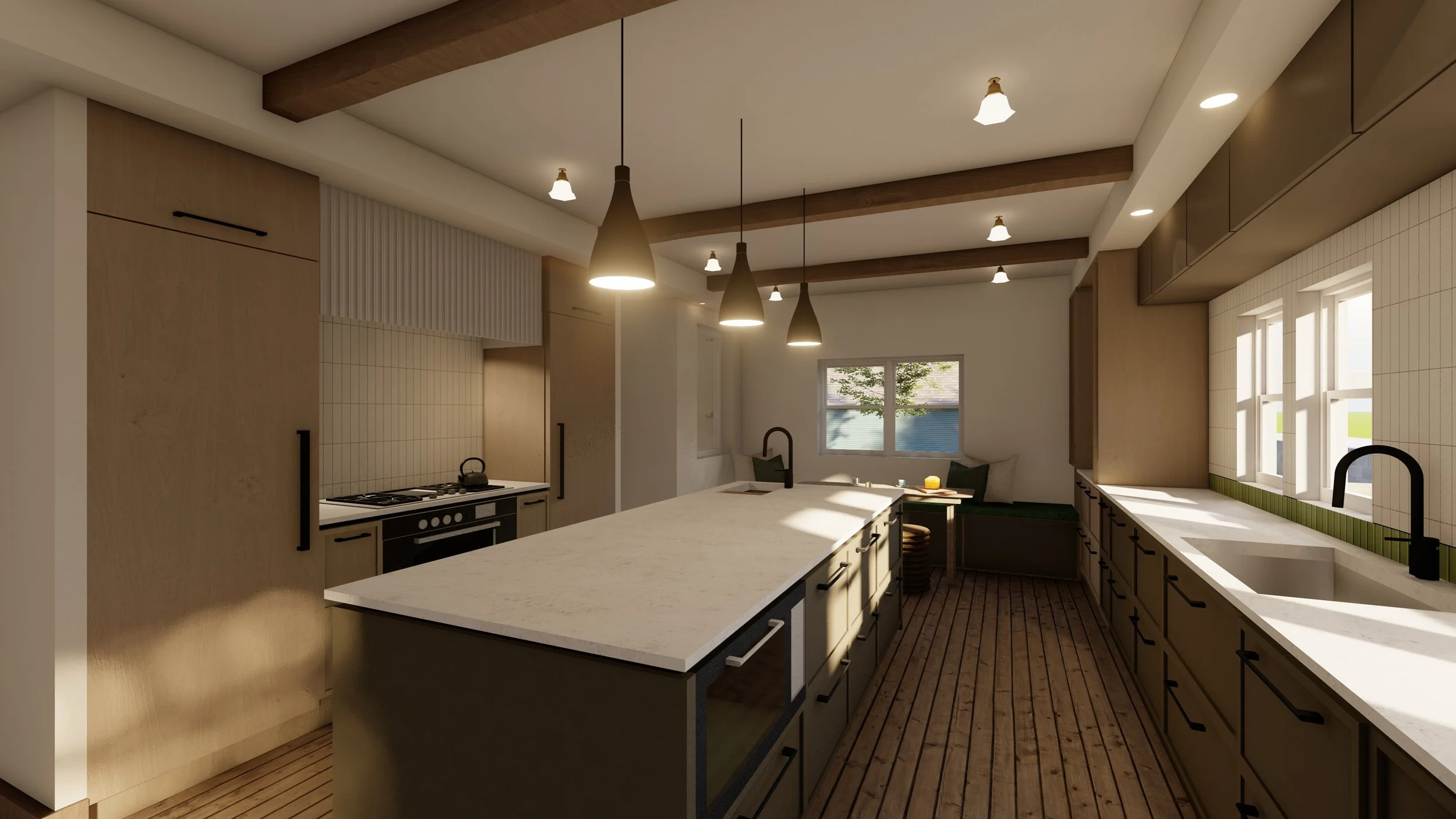 Modern kitchen with wooden cabinets, white countertops, pendant lights, a window seat, and hardwood floors.