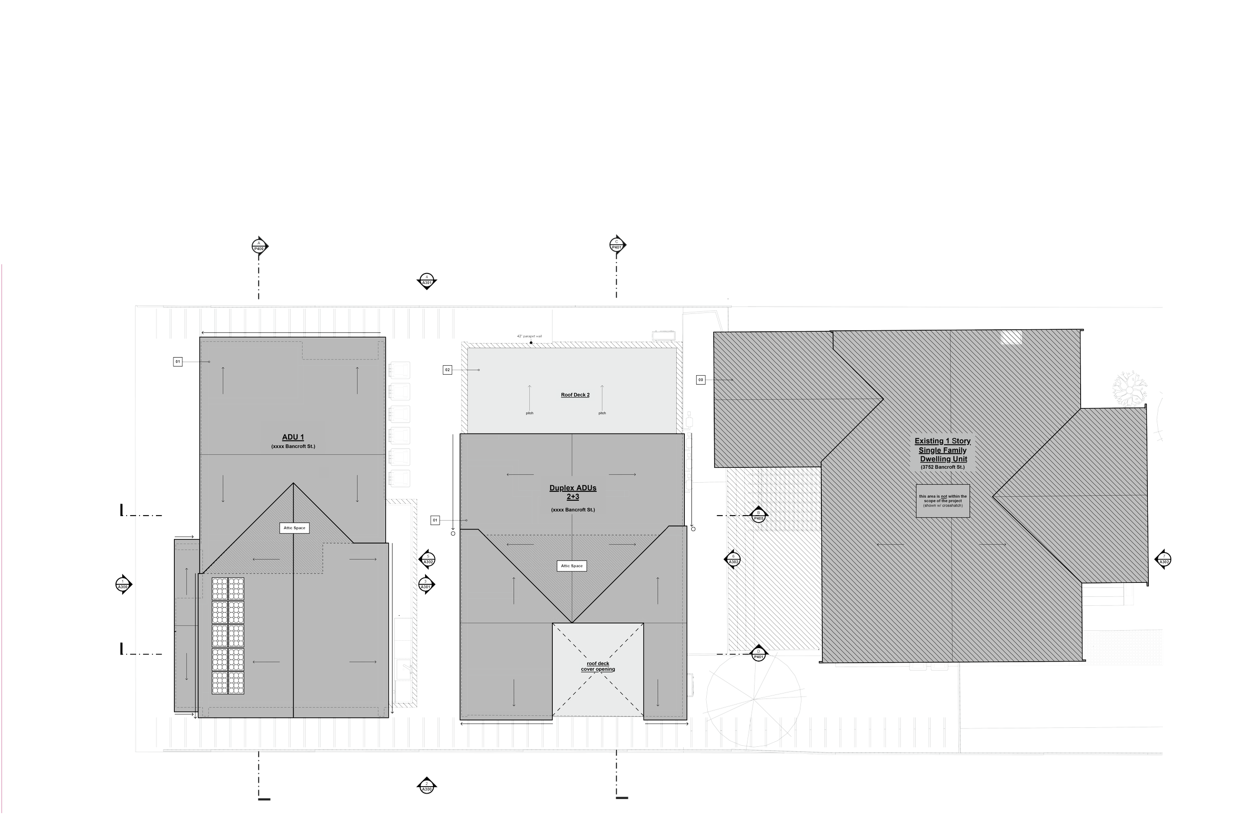 Black and white architectural blueprint of a building site with designated areas for ADU 1, duplex ADUs, and an existing single-story dwelling, including parking spaces and landscape features.