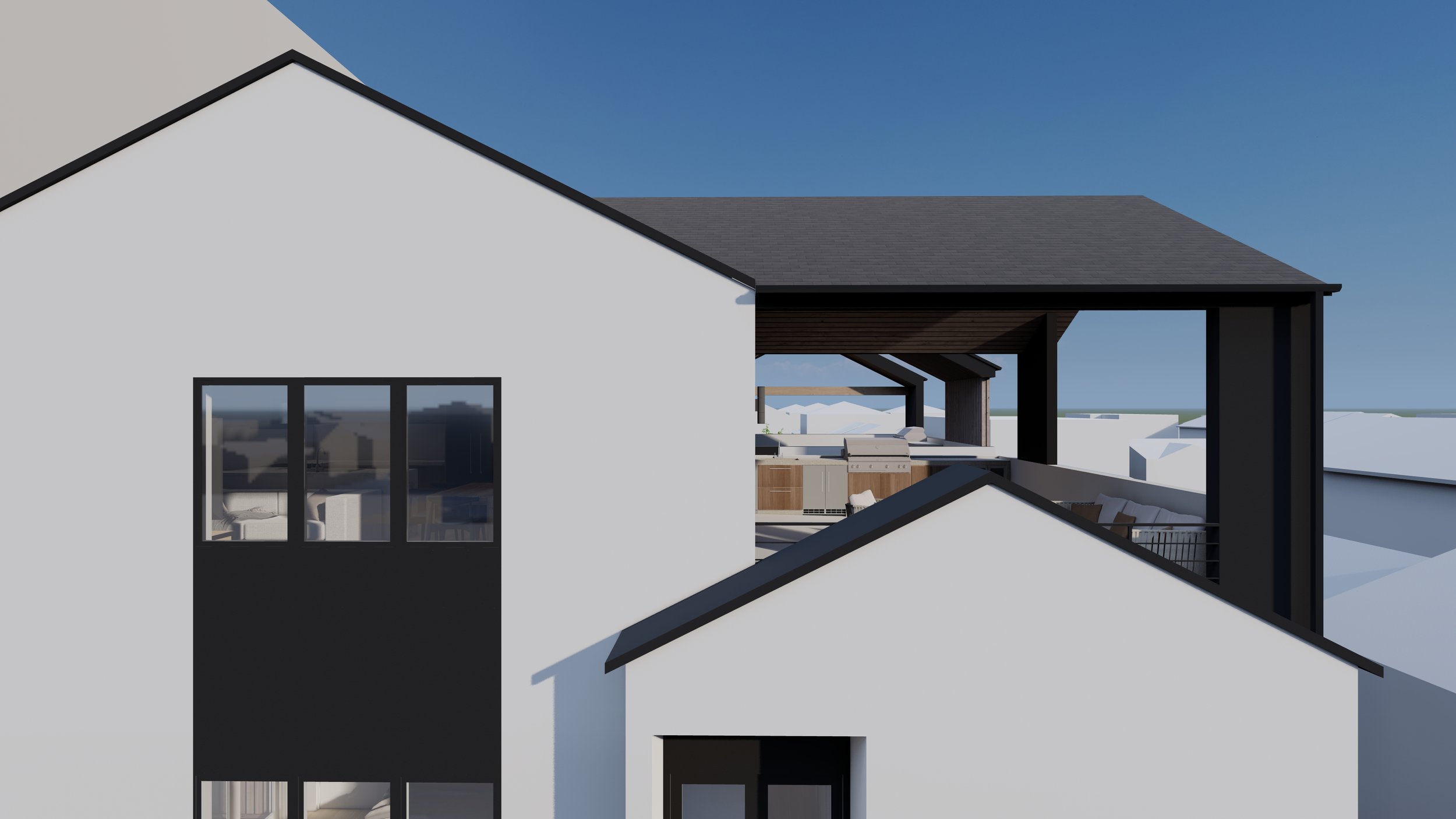 Modern multi-story house with white and black exterior, large windows, and rooftop patio under blue sky