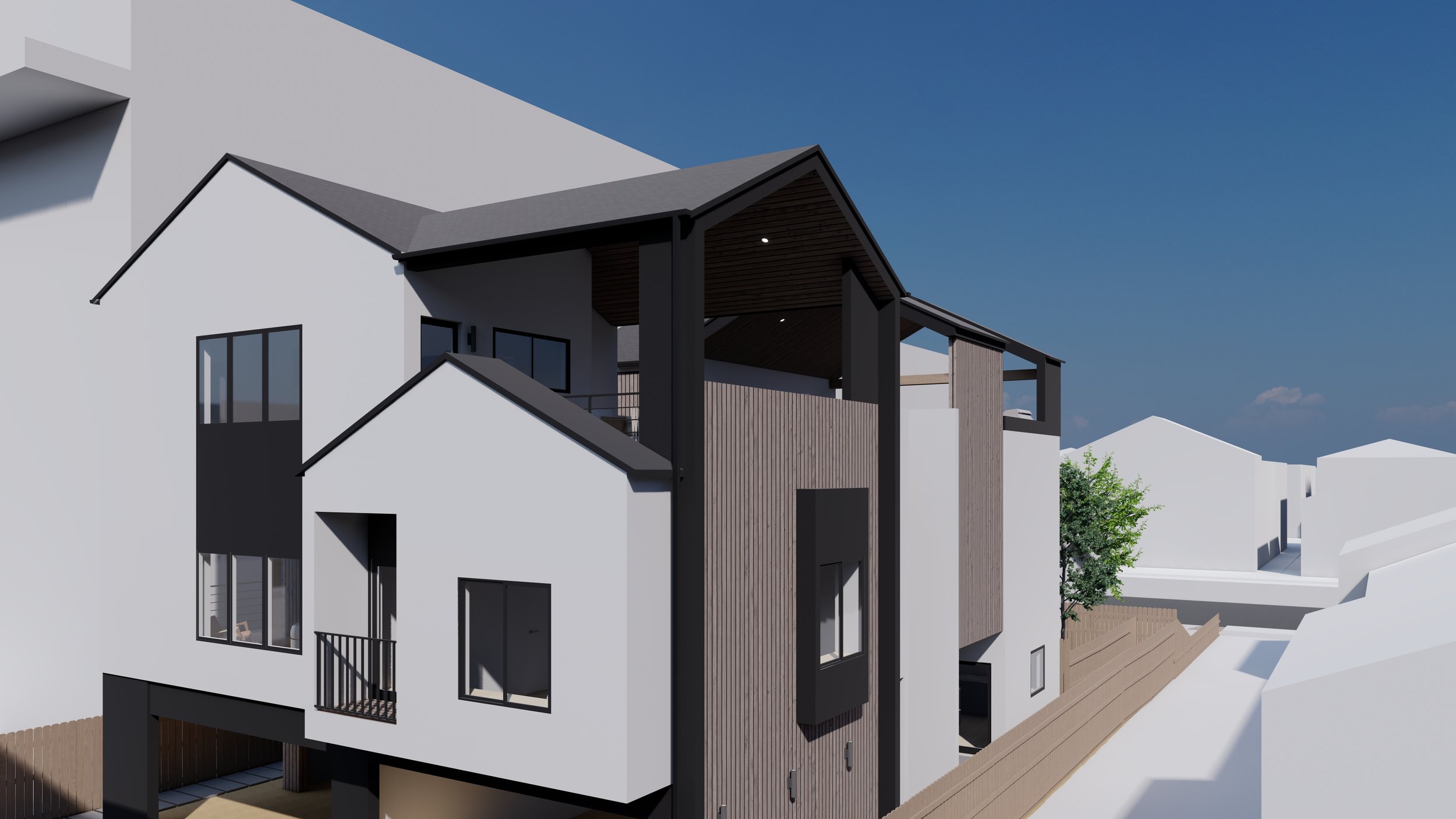 Modern multi-story house with white exterior walls, black window frames, and a rooftop balcony, surrounded by a wooden fence and neighboring white buildings under a clear blue sky.