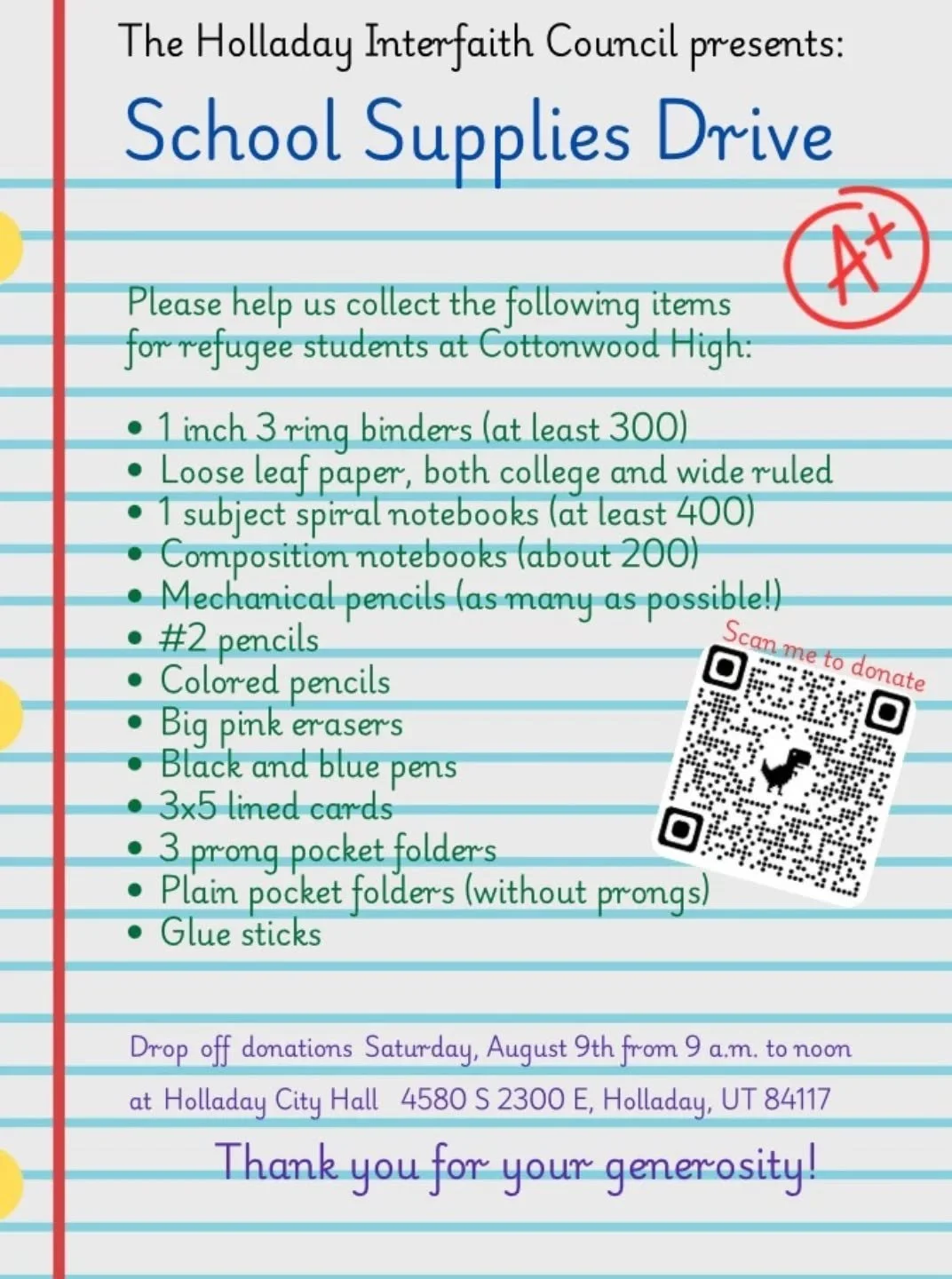 Back-to-School Supply Drive – This Saturday!
With school starting next week, many families in our community need a little extra help this year.
Please support the Holladay Interfaith Council’s School Supply Drive
Saturday | 9 AM &ndash