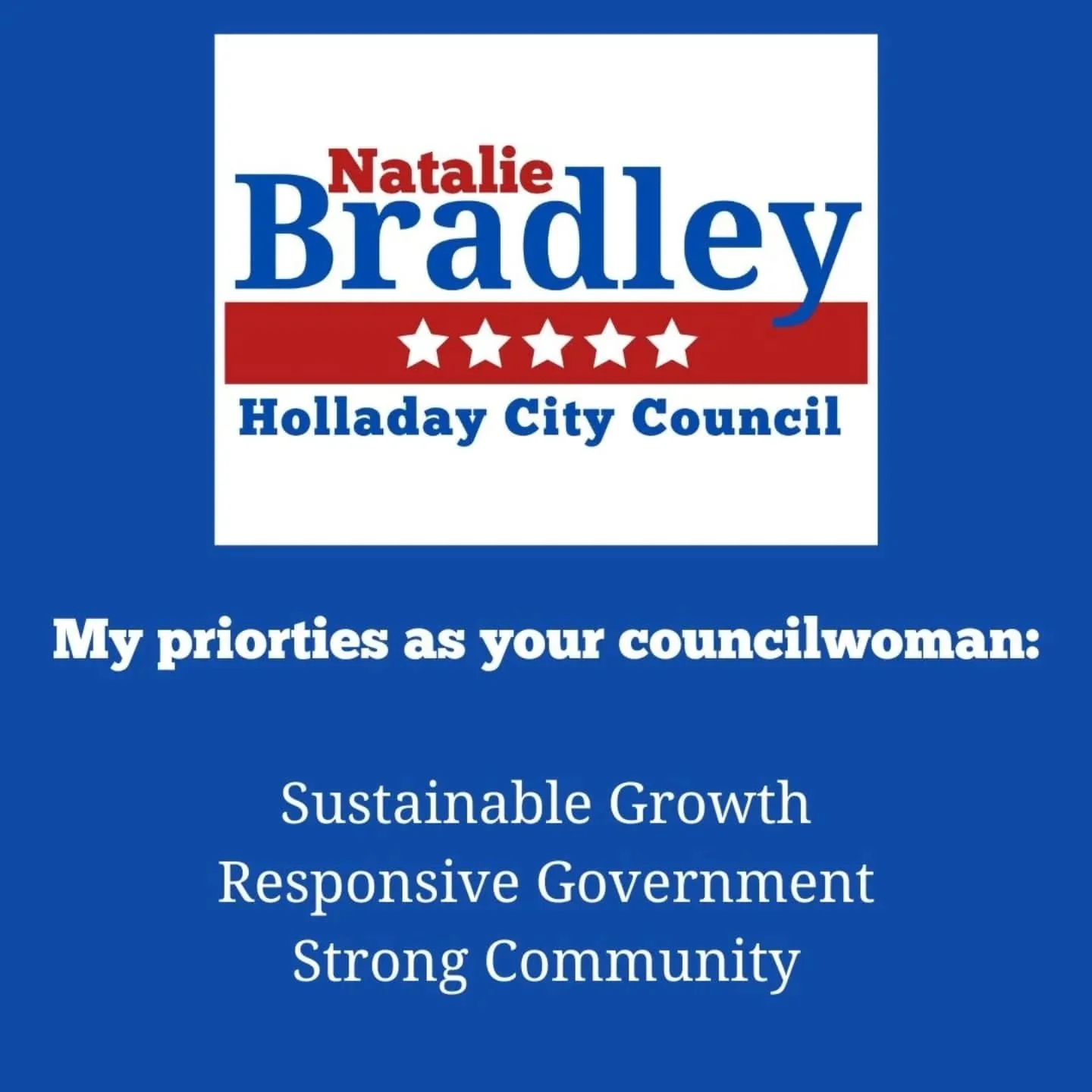 As your next City Councilwoman, my top priorities are:
✅ Promoting sustainable growth that preserves Holladay’s unique charm and character.
✅ Ensuring responsive and transparent city government that truly listens to and ser