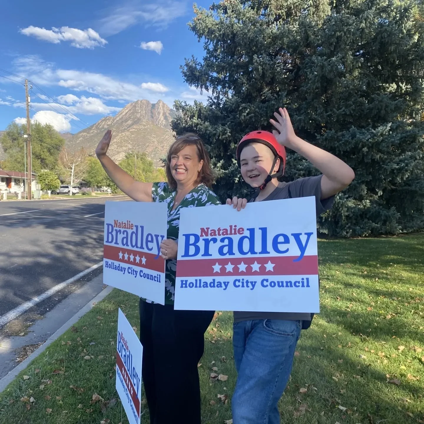 First honk and wave last night with my friend Paul Fotheringham. Thanks to my son for being a good sport and coming to help. Look for me out next week and your ballots in your mailbox too!  #BradleyforHolladay #holladaydistrict3 #honkandwave