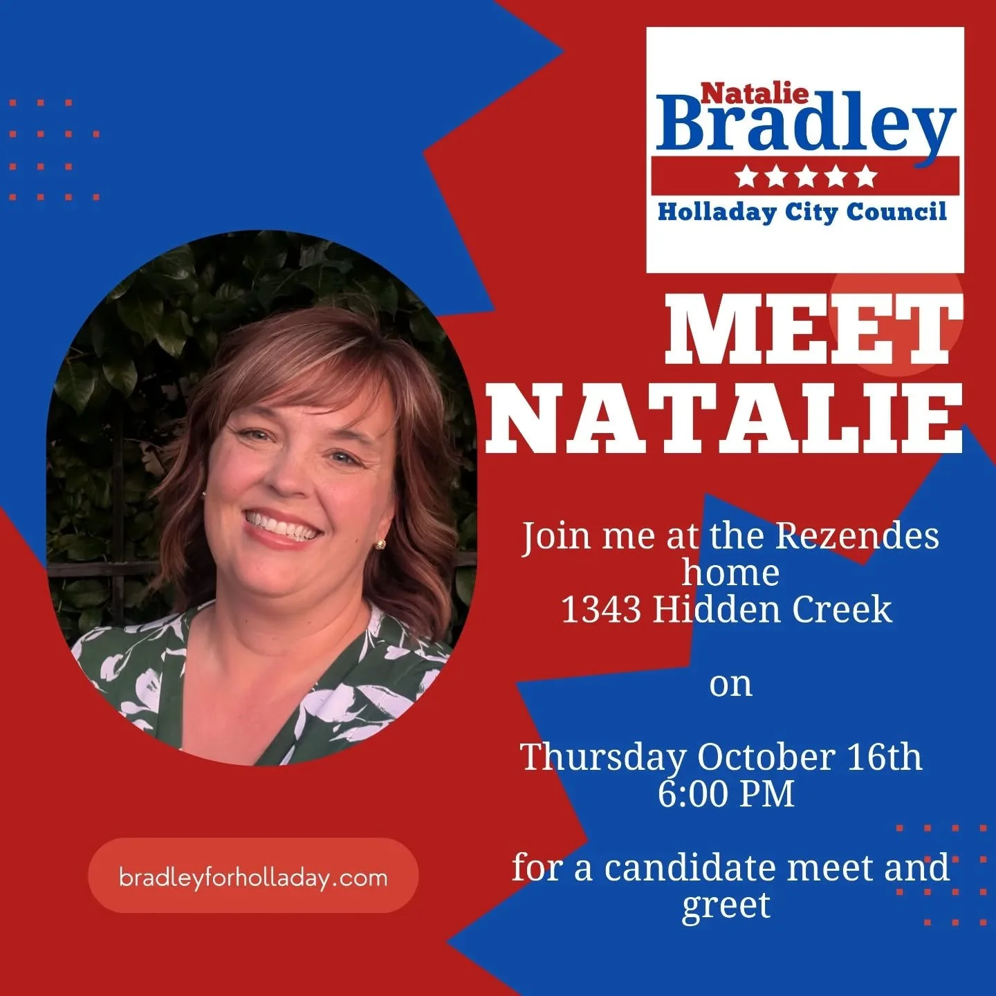 Another chance to come and chat with me and ask your questions. Thursday night at 6 pm. 
#bradleyforholladay #holladaydistrict3