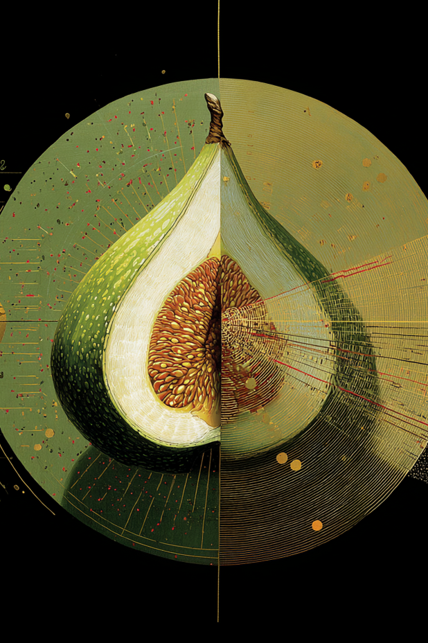 A digital illustration of a halved fig fruit with detailed textures, overlaid with abstract circular and radial patterns in green, gold, and black colors.