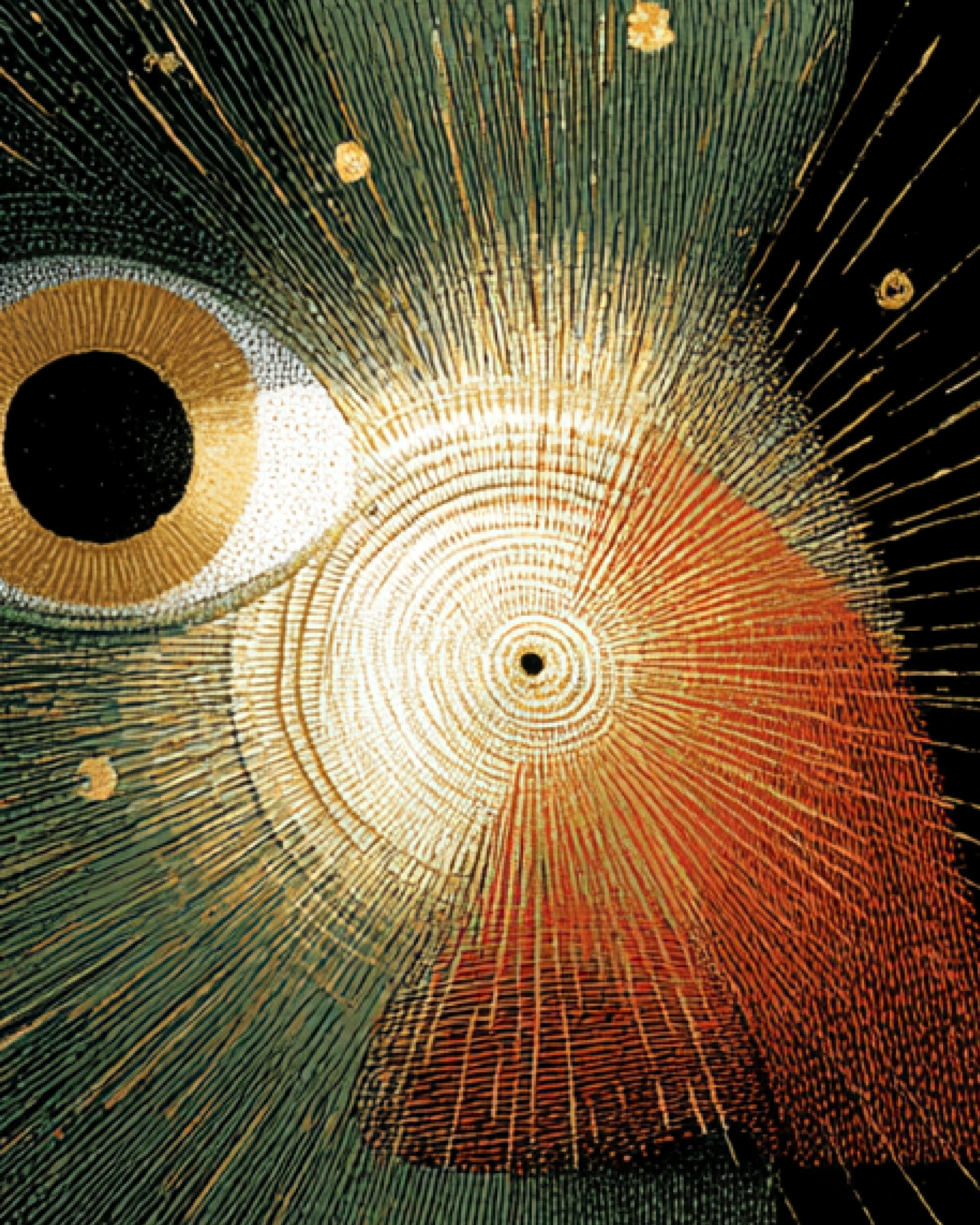 Close-up of an eye with abstract art design, featuring circular patterns and radiant lines in gold, black, white, green, and red.