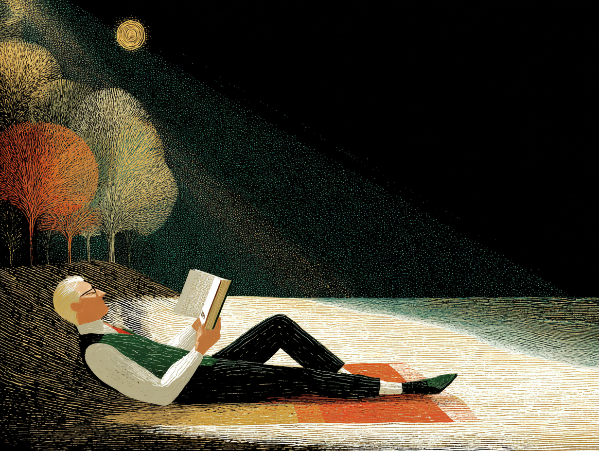 An elderly man with glasses and gray hair is lying on a blanket on the ground, reading a book. Behind him are stylized trees with colorful foliage, and a bright yellow moon in a dark night sky.