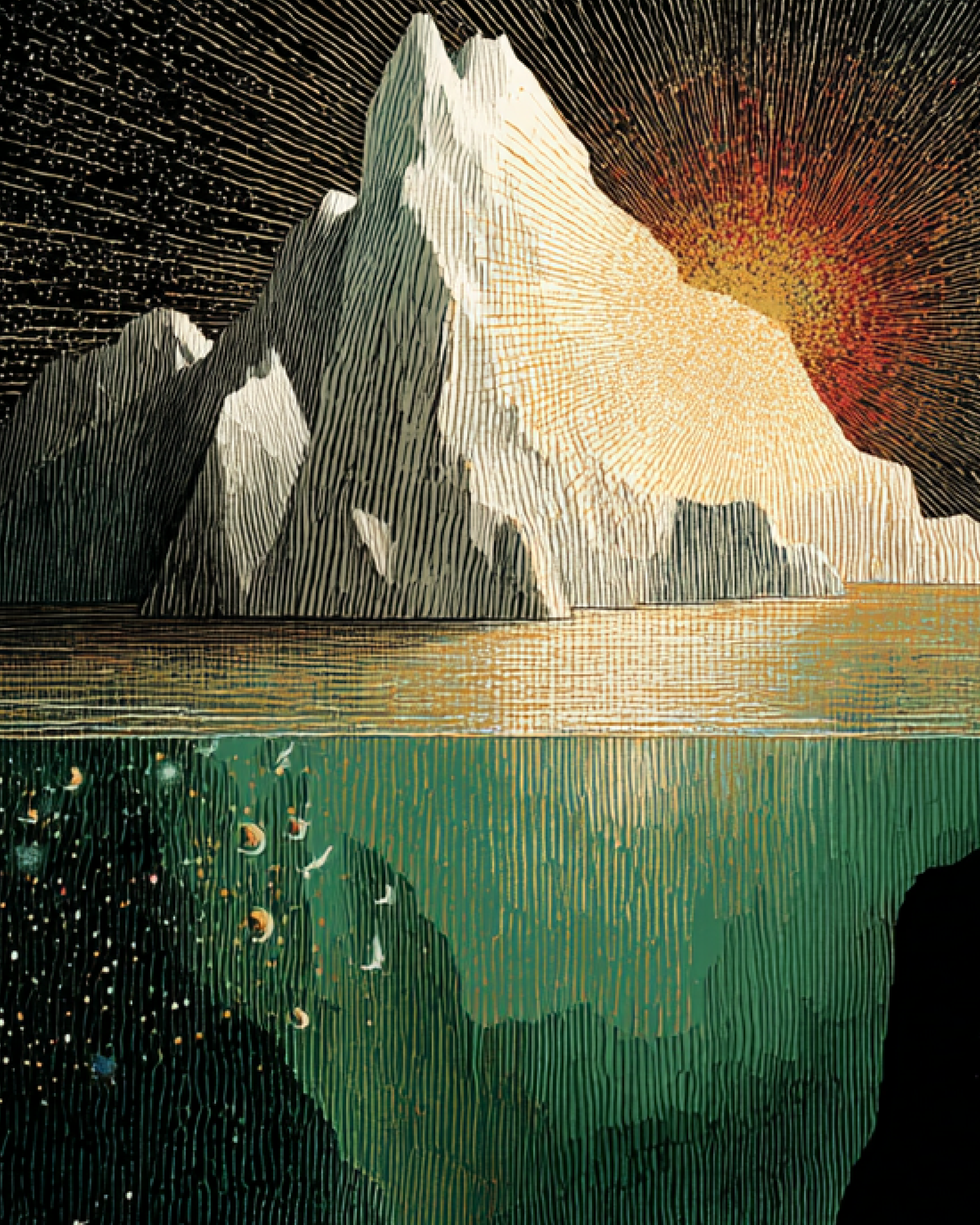 A stylized artwork depicting a mountain landscape at sunset with tall white peaks, a reflective body of water, and a sky with a vibrant sun.