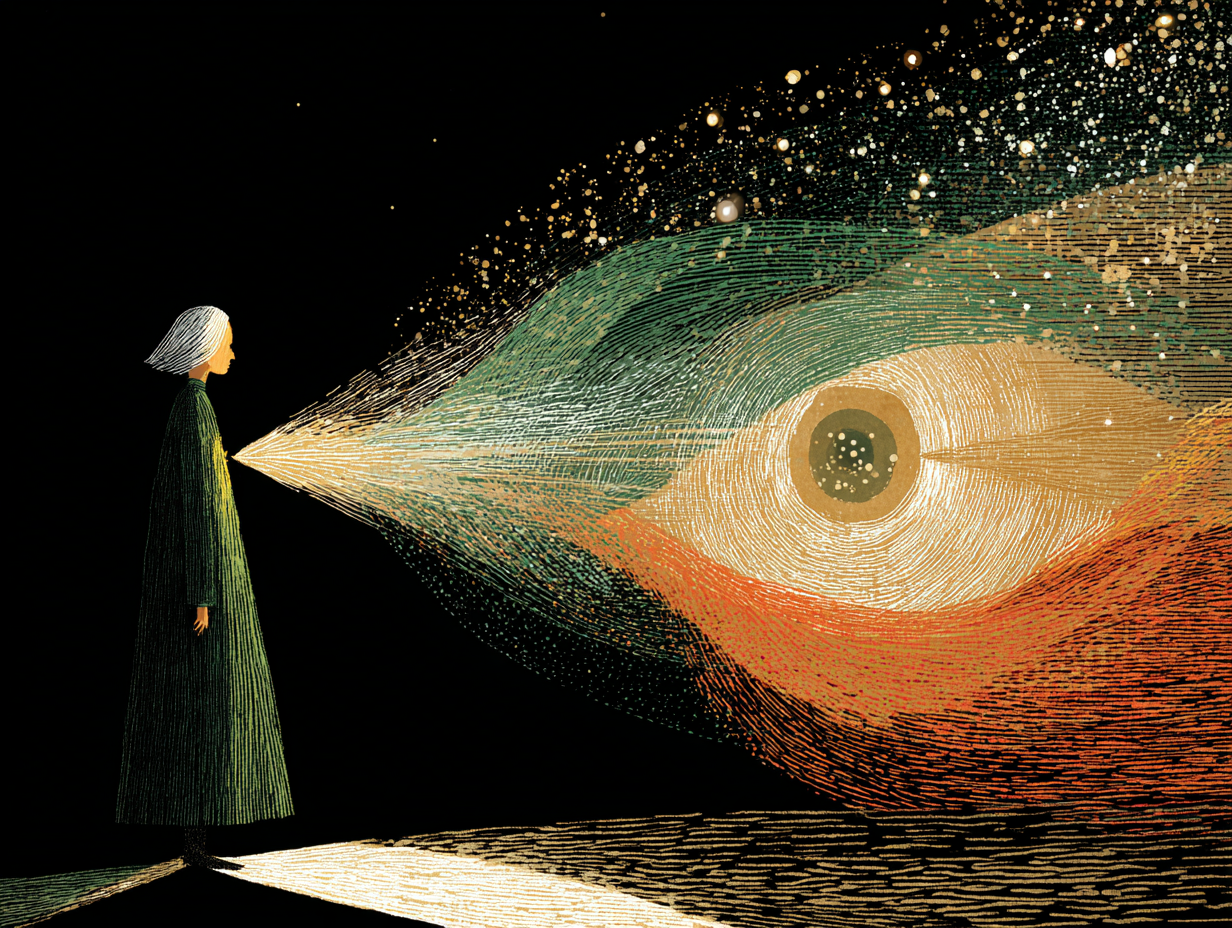 A stylized illustration of a person with white hair, in a long green coat, facing a large eye on a black background. The eye is depicted with concentric lines and features colorful elements that resemble a cosmic scene, with particles and swirling patterns emanating from the eye.