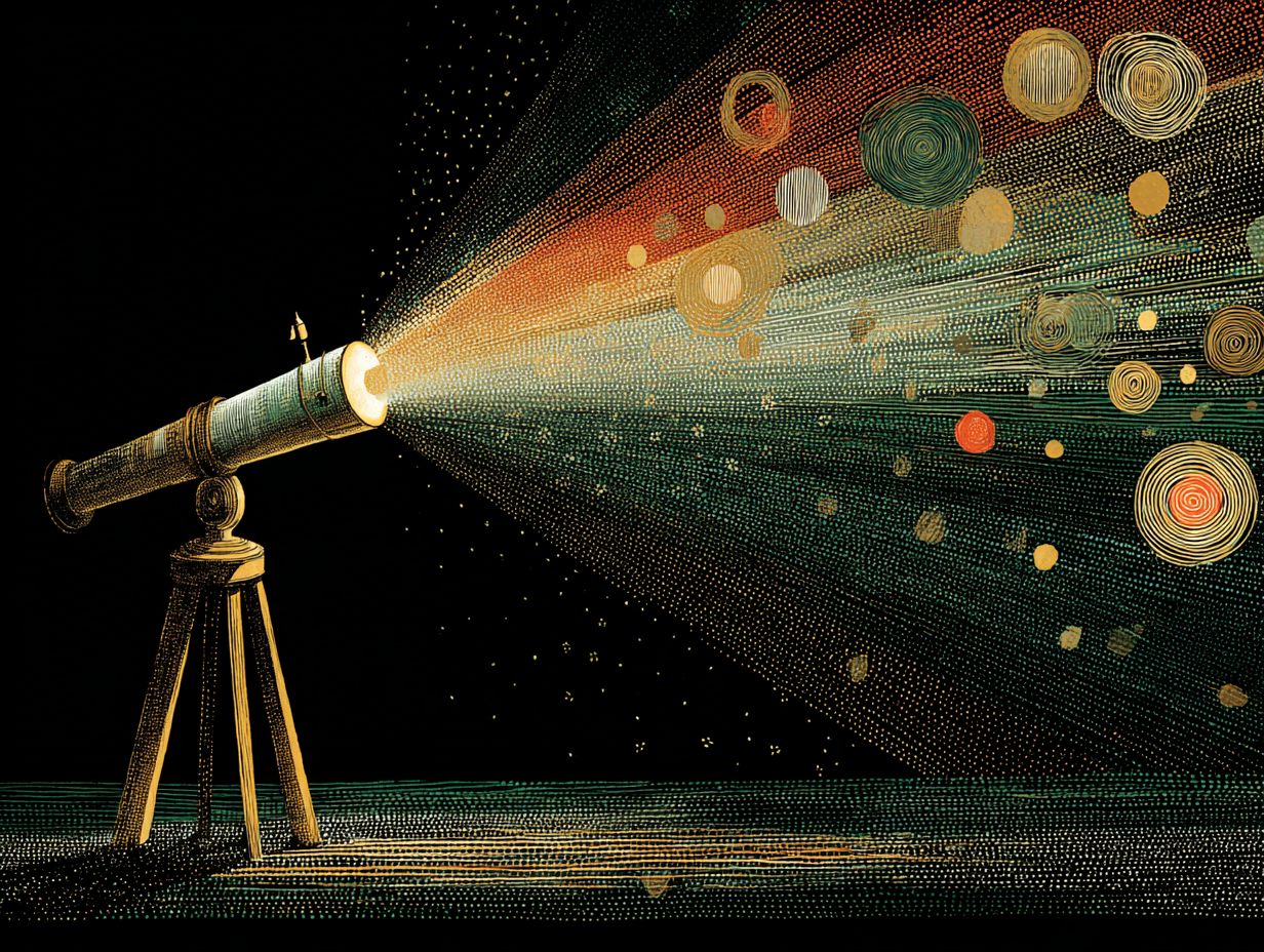 A vintage telescope pointing into space, projecting colorful, abstract images of planets and celestial objects resembling a planetary display, created with a dotted, artistic style.