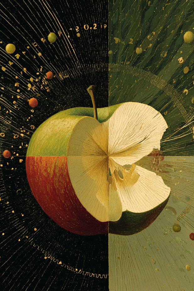 An artistic depiction of a half-cut apple in space style, with the left half showing the apple with a red and green skin, and the right half revealing the inner flesh. The background is a cosmic scene with stars, planets, and orbit lines.
