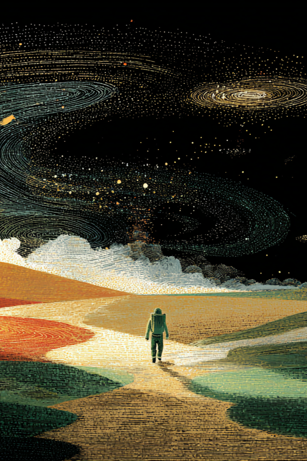 An illustration of an astronaut walking on a colorful landscape under a starry, swirling night sky.