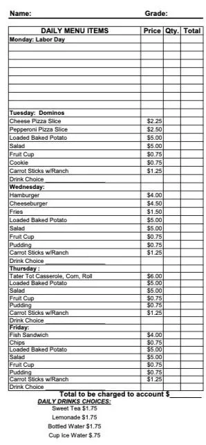 Monthly school lunch menu with daily items, prices, and a total at the bottom. Includes options like cheeseburger, pizza slices, baked potato, salad, fruit cup, cookie, carrot sticks, drink choices, and a fish sandwich.