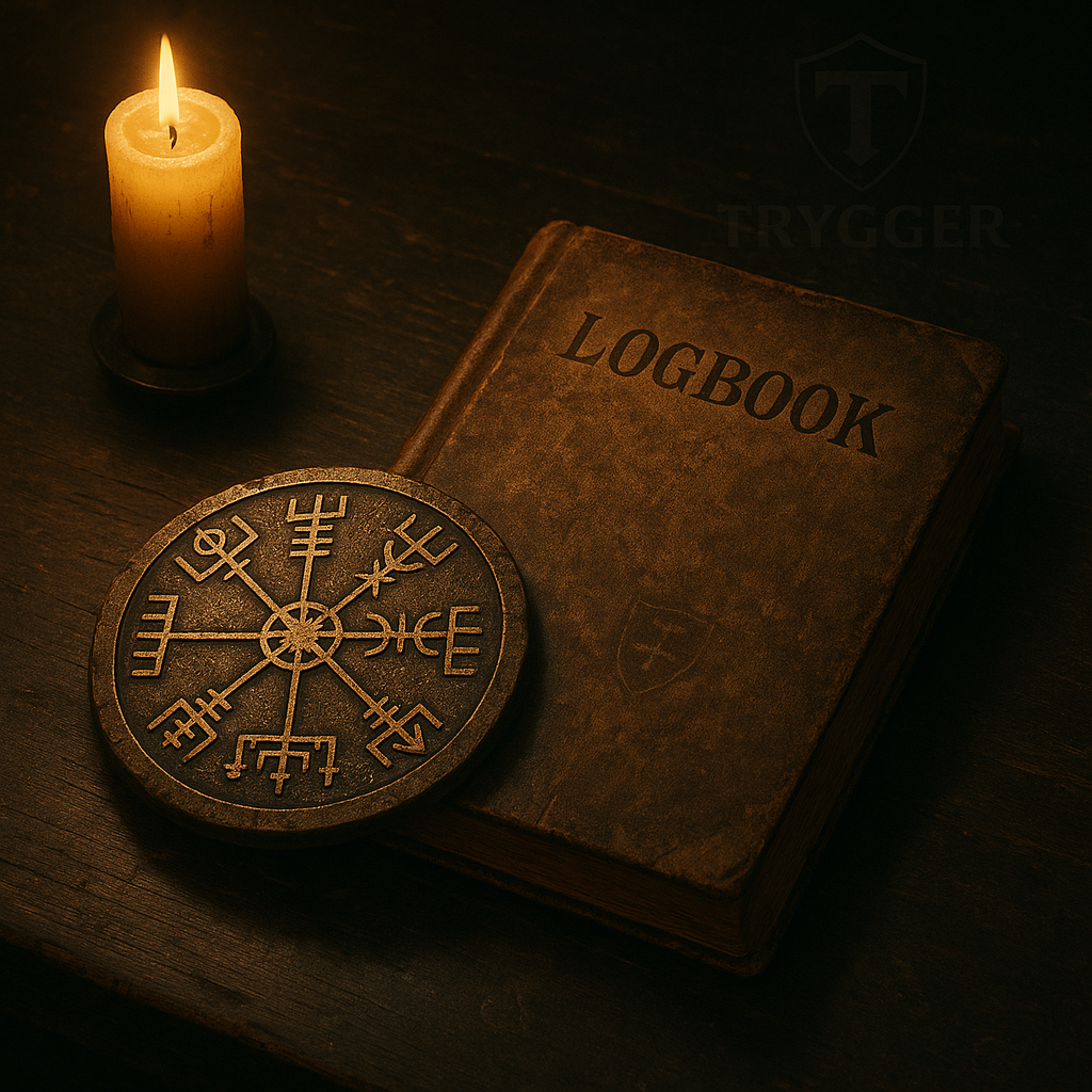 A lit candle, an old leather-bound logbook, and a wooden rune disk on a dark wooden surface.
