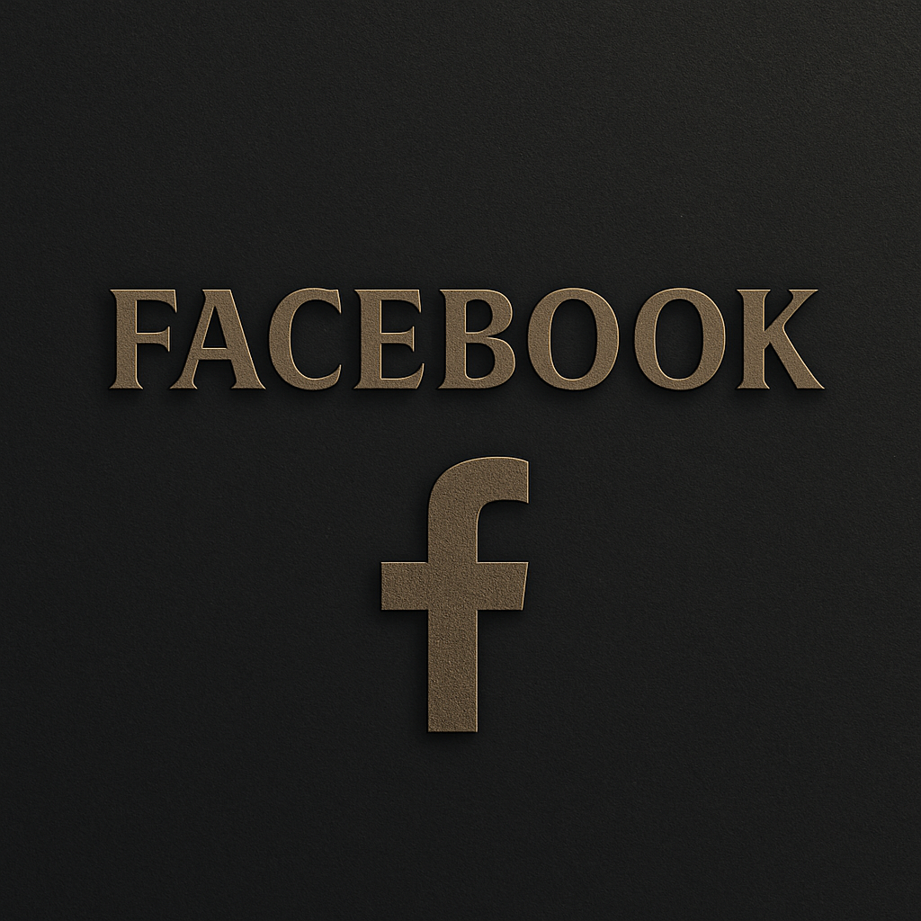 Black background with gold-colored text reading 'FACEBOOK' and a Facebook logo below it.