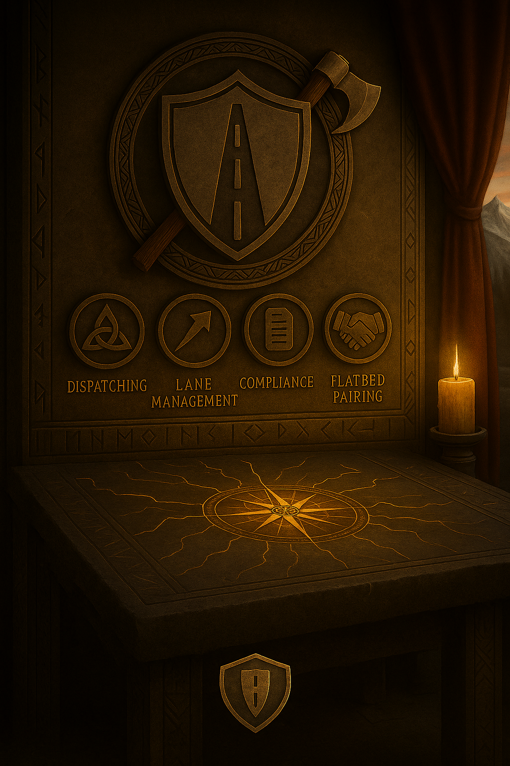 A dark, medieval-style room with a large shield emblem and axe on a wall, four circular icons labeled dispatching, lane management, compliance, and flatbed pairing, a candle on the right, a curtain, and symbols on a table.