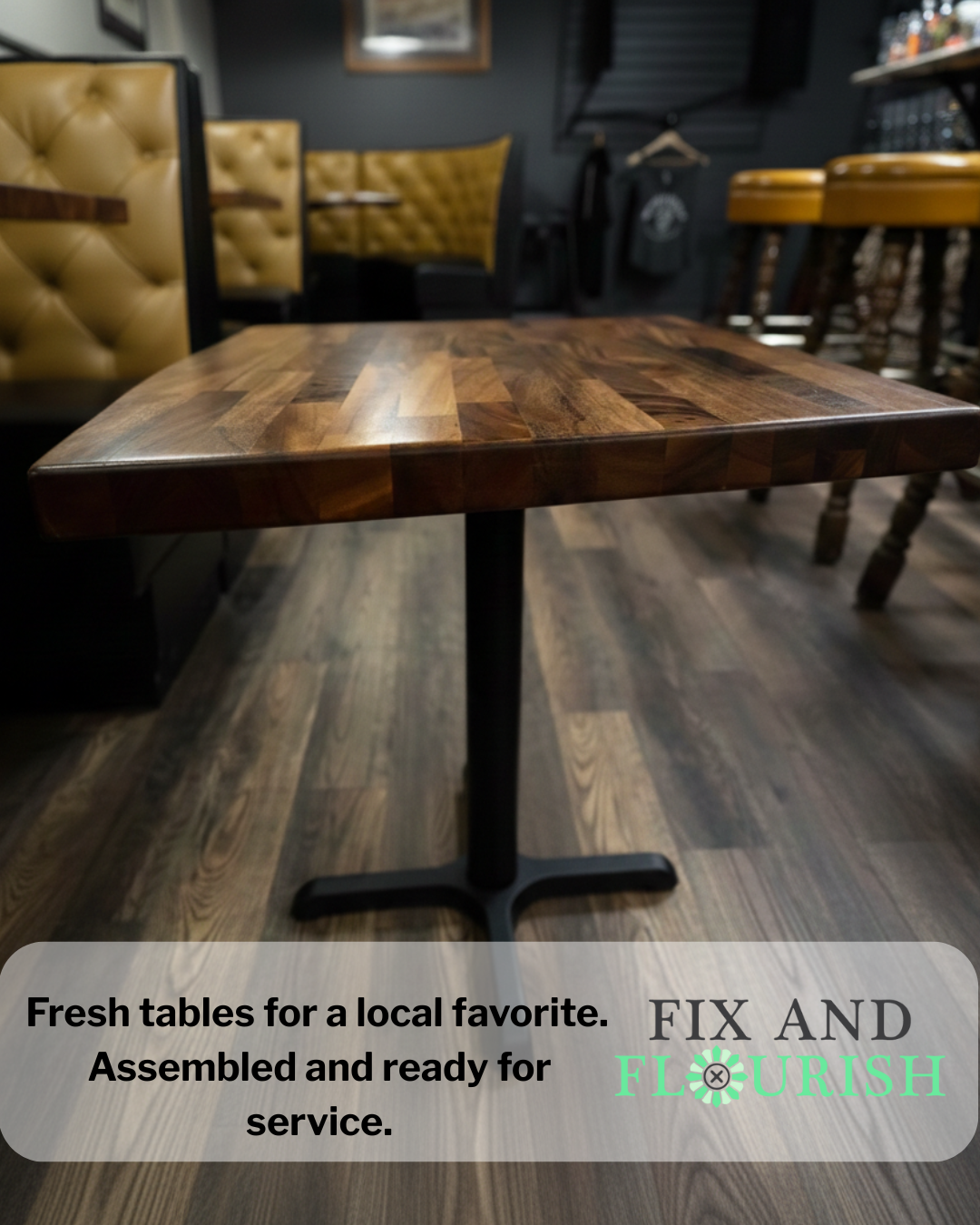 Commercial table repair and replacement at Mill City Public House in Appleton, WI. New table bases, legs, and tabletops were installed to improve stability and durability in a high-traffic restaurant environment.
