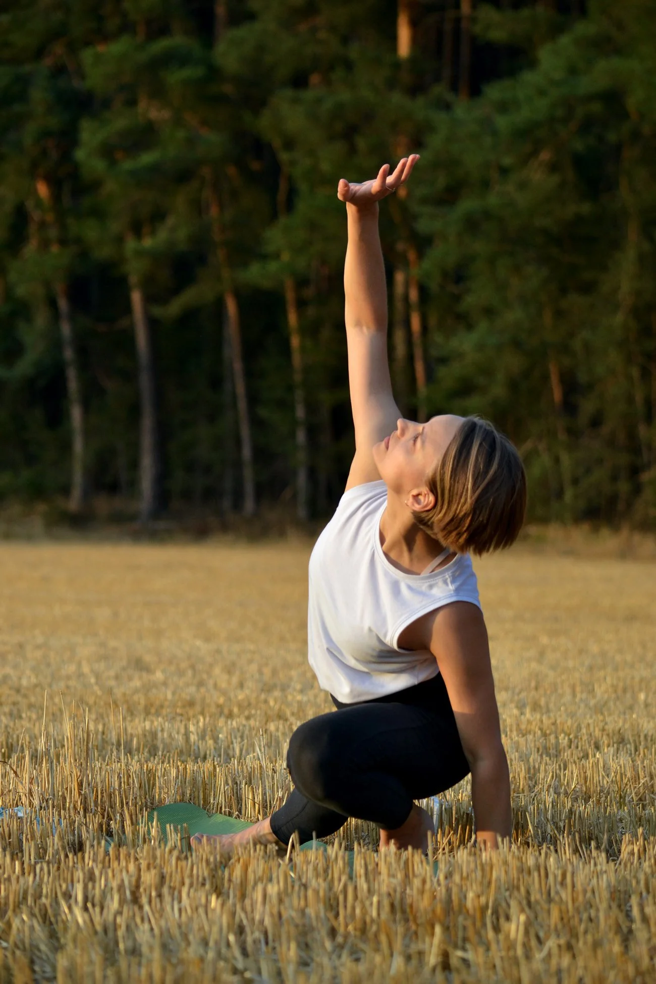 Woman practicing yoga outdoors in a field with trees in the background during sunset.