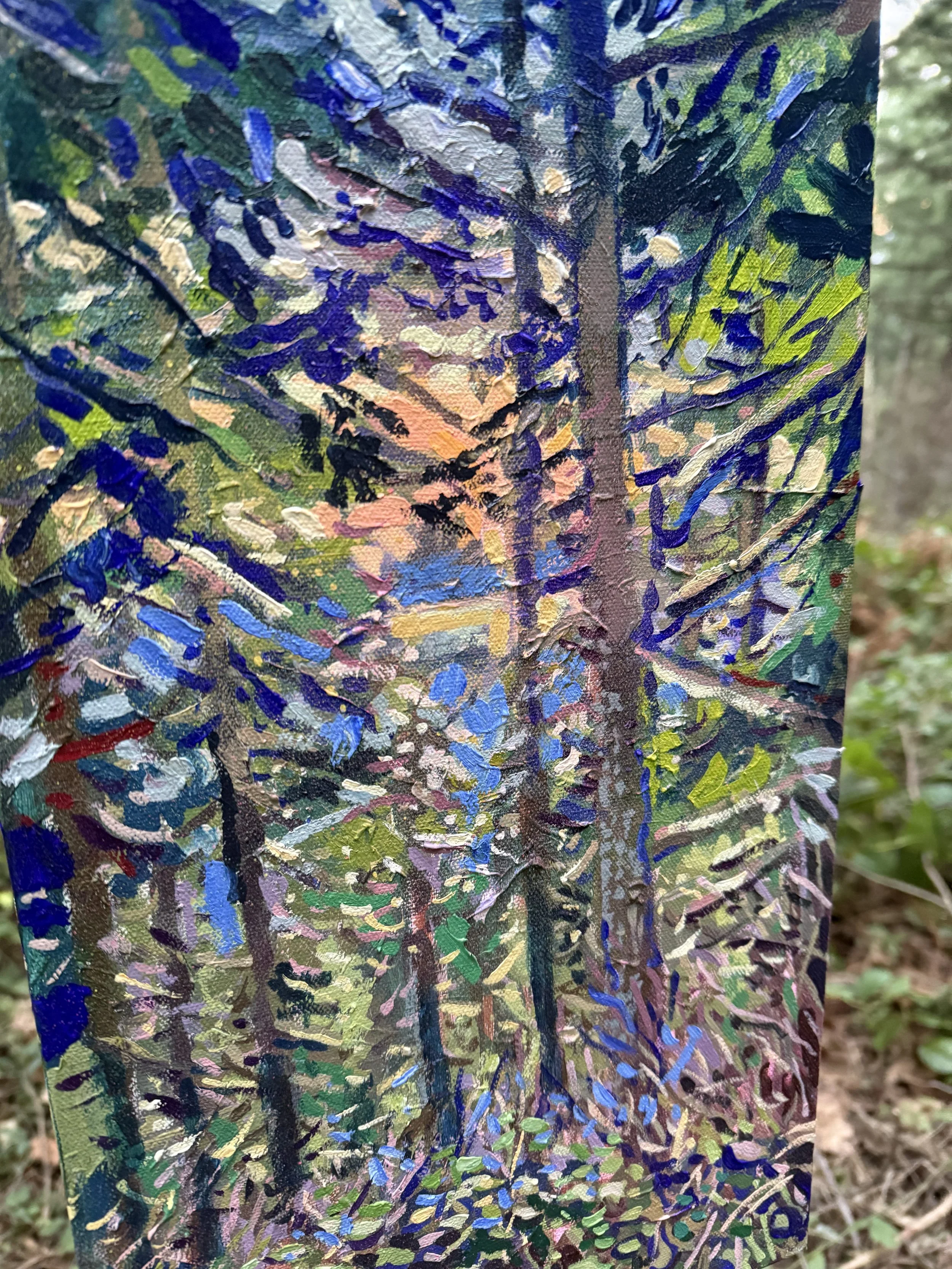 An abstract painting of a forest scene with trees and foliage, featuring vibrant colors and textured brushstrokes.