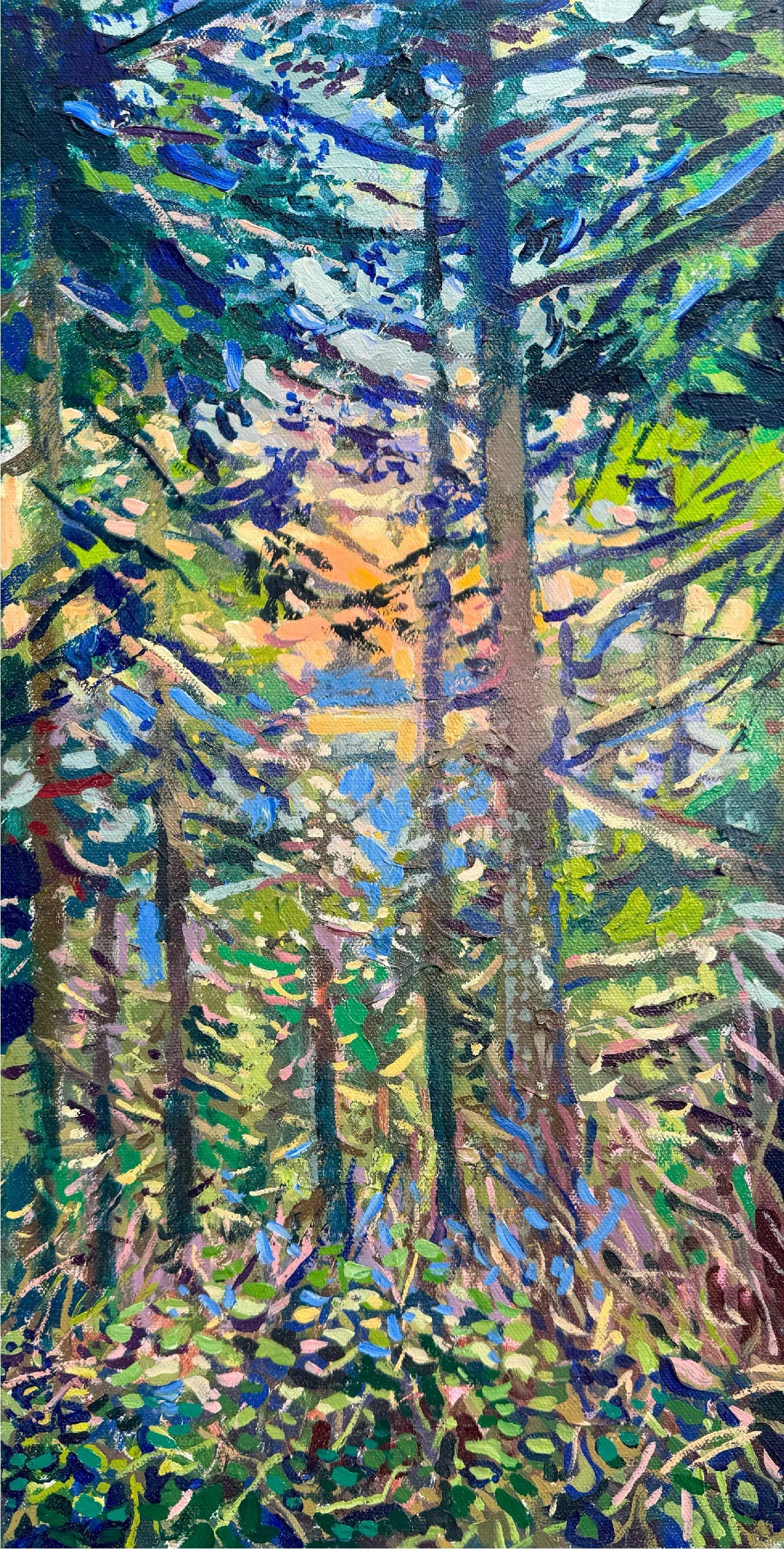 A colorful impressionist painting of a dense forest with tall trees and lush green foliage, sunlight filtering through the branches.