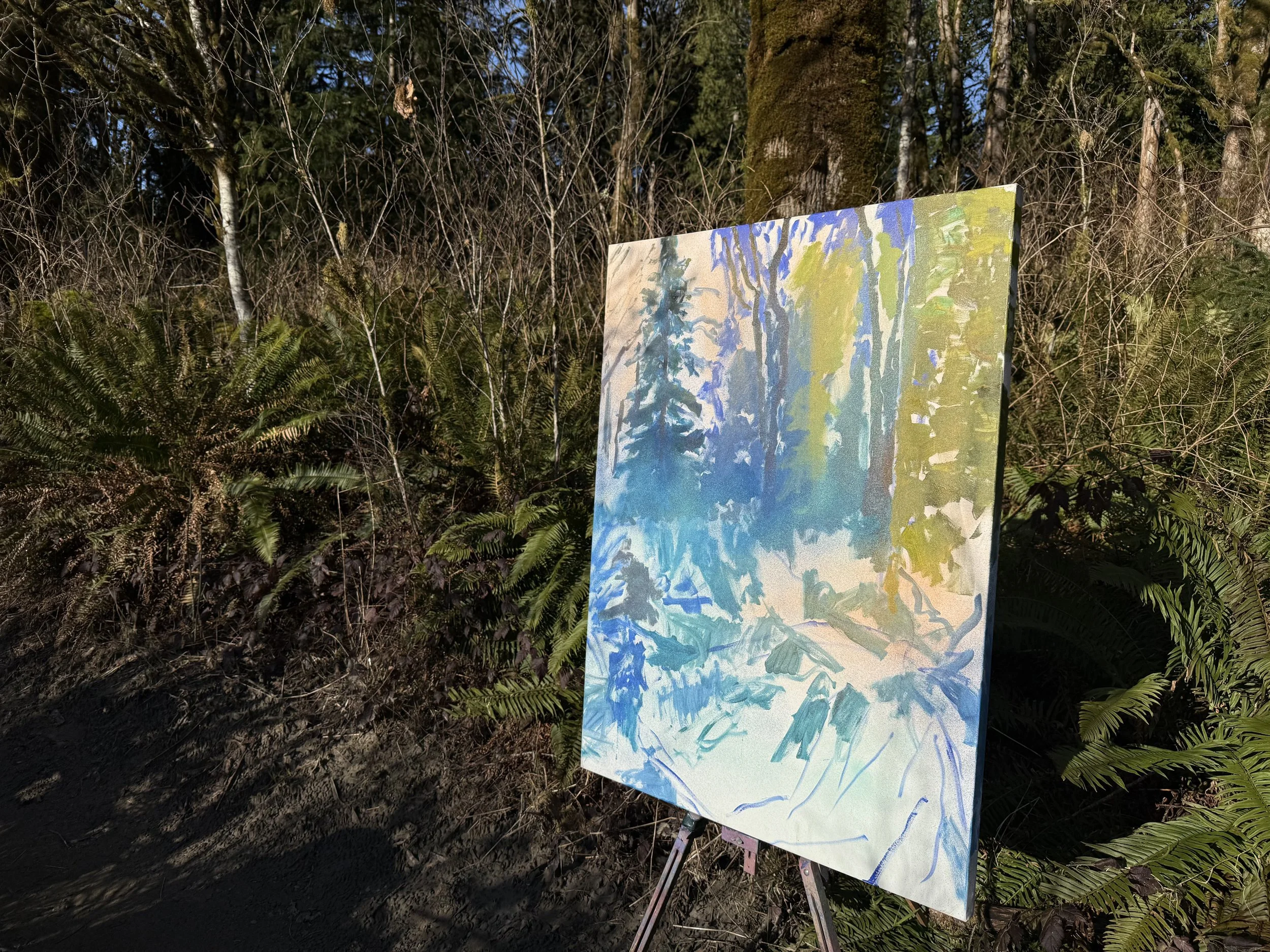 Outdoor painting of a forest scene on an easel, surrounded by ferns and trees located in Razar Stare Park, Washington State