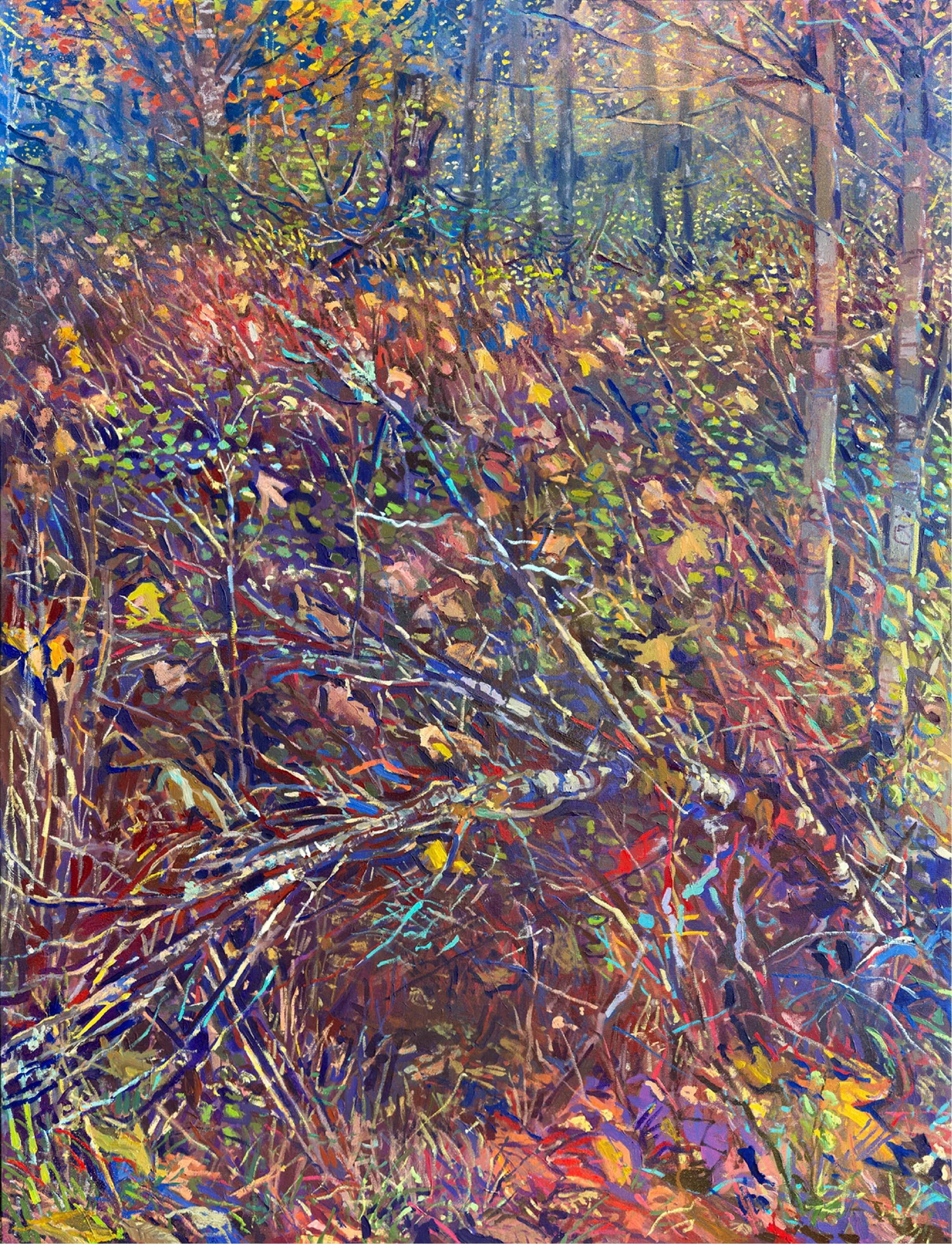 Large scale plain air colorful painting of a forest with trees and fallen branches, displaying autumn foliage with yellow, orange, and red leaves.