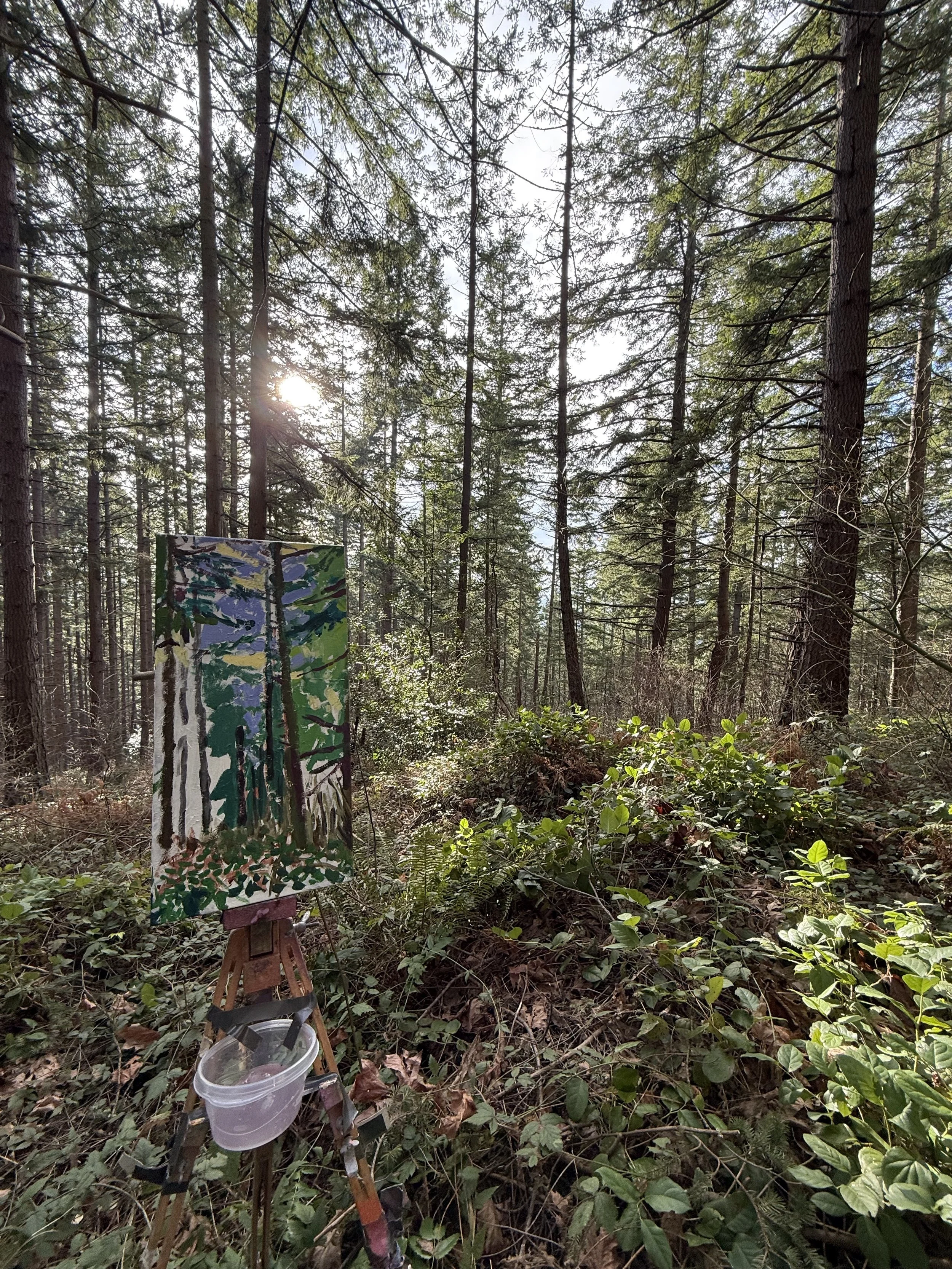 A forest scene with sunlight filtering through tall trees and an easel with a painted landscape of trees and foliage.