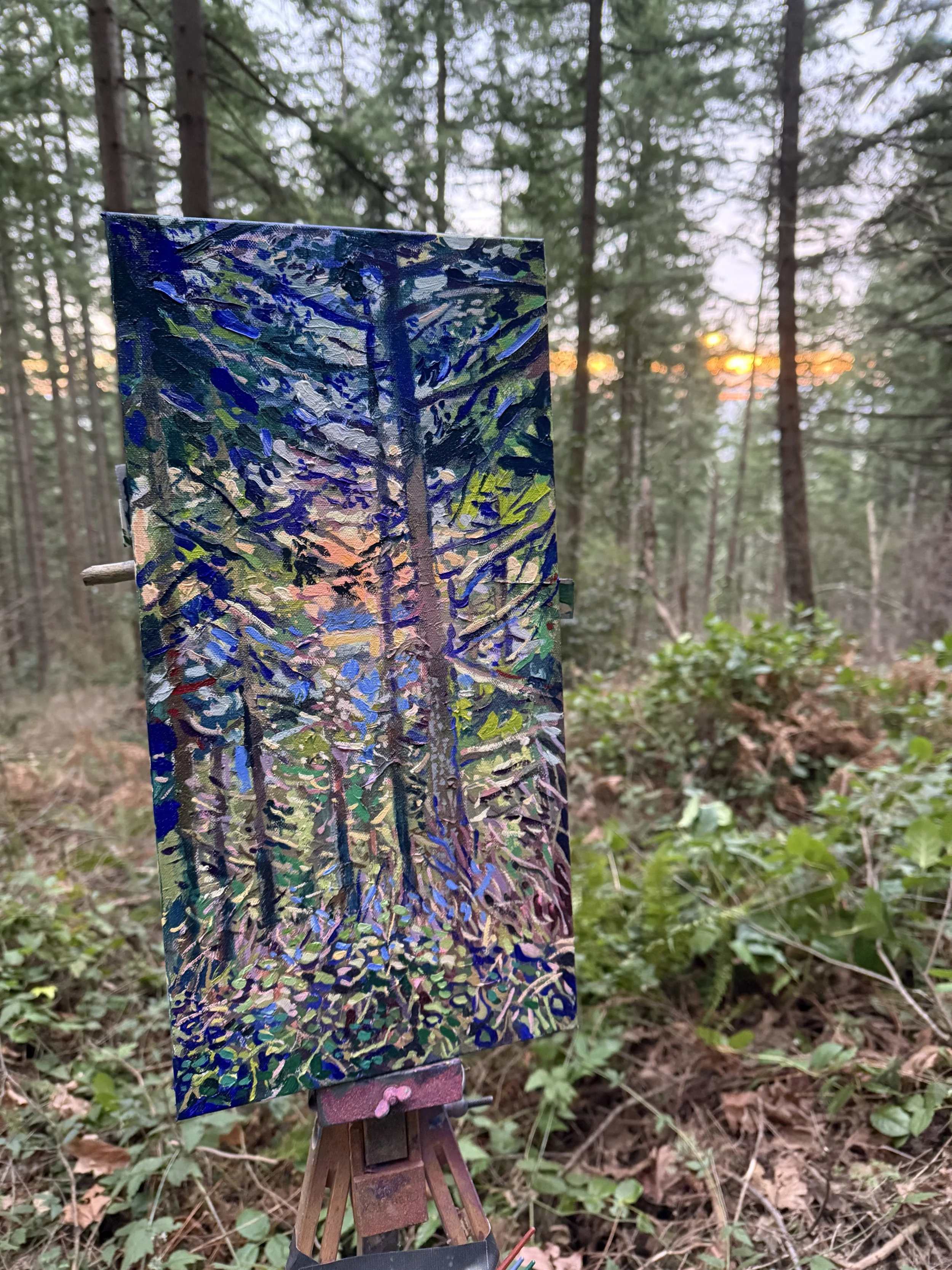 Painting of a forest scene with trees and colorful sky on an easel set in a wooded area at sunset.