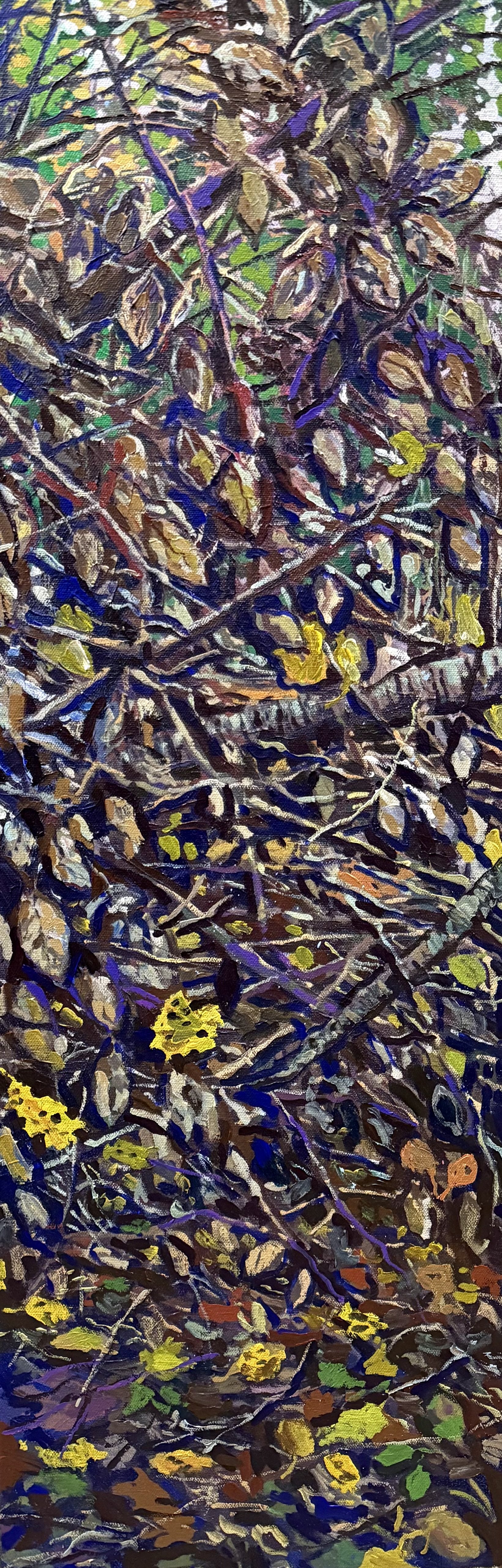 Close-up painting of a tangle of dry fallen leaves, twigs, and small yellow flowers on the ground.