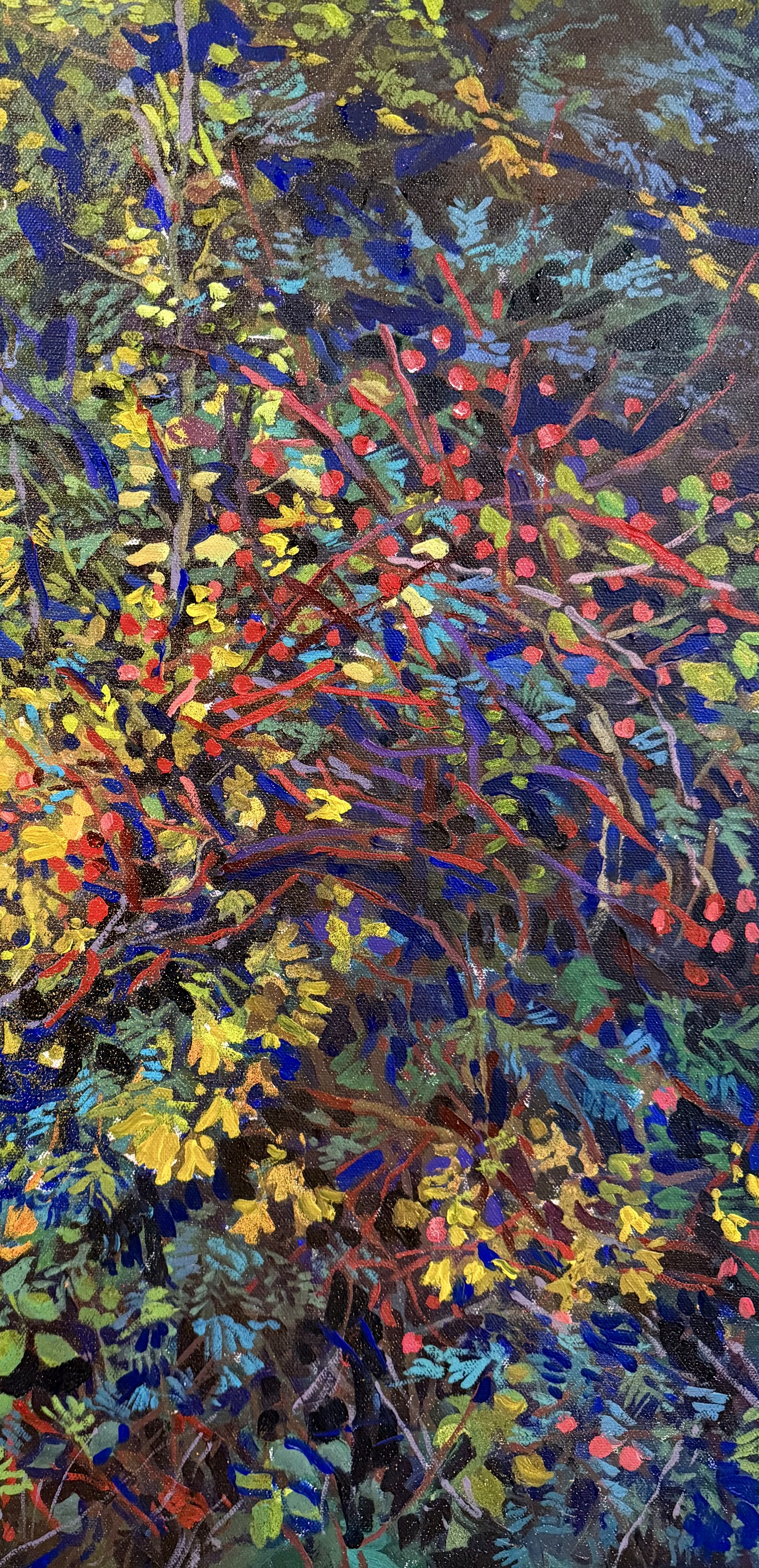 Abstract painting of dense foliage with red berries, yellow, green, blue, and purple leaves and branches.