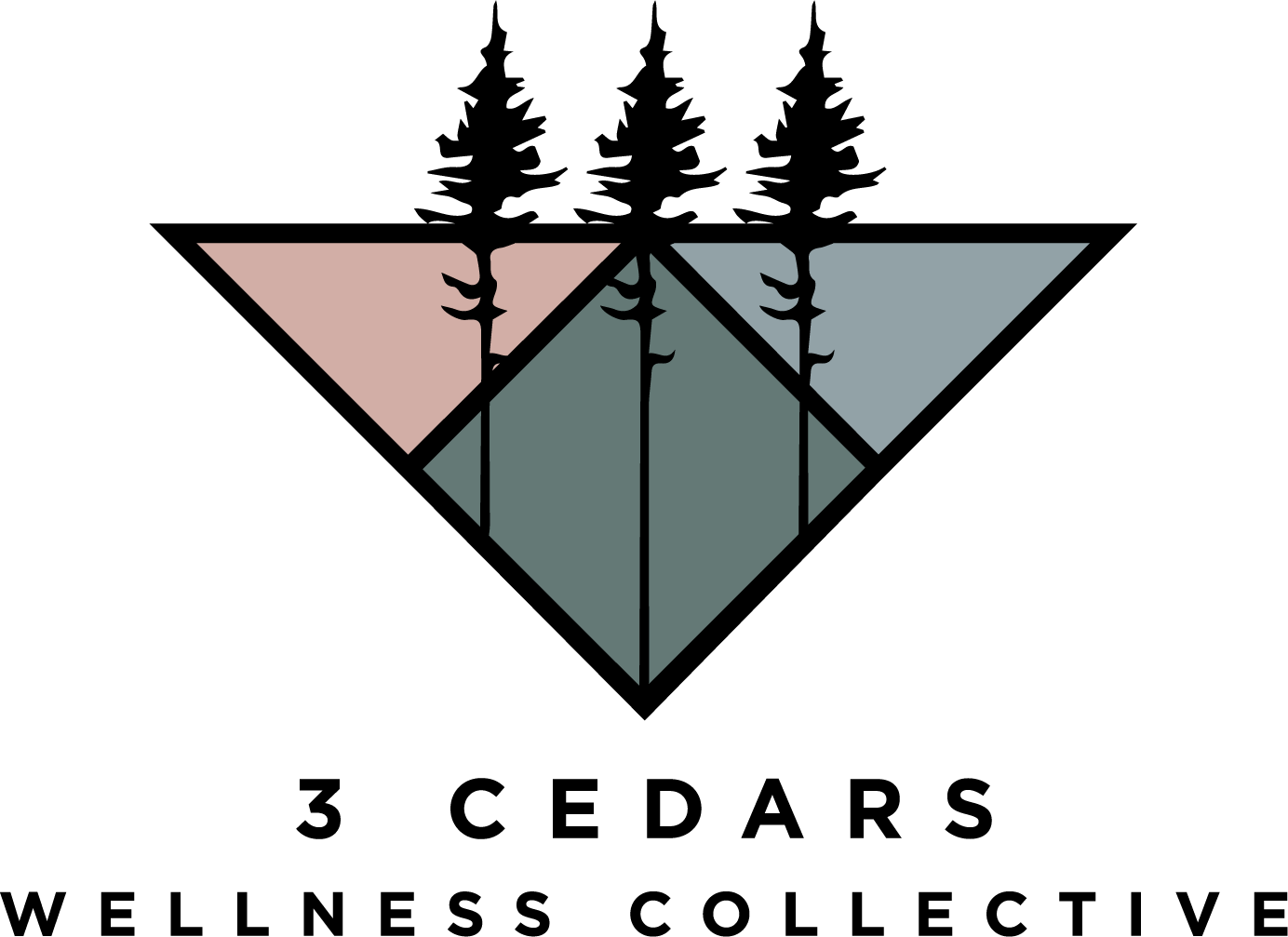 A stylized geometric design resembling a diamond shape with four segments, featuring a central line and stylized plant motifs, with pastel pink and gray colors.