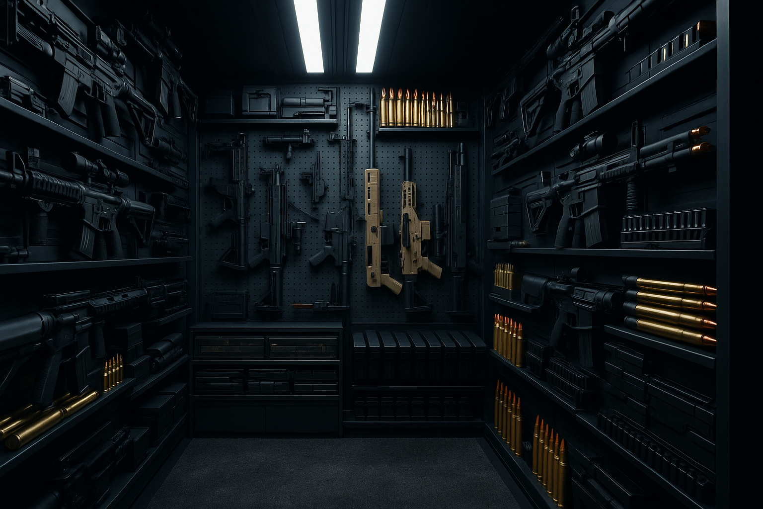 A black weapons cabinet containing rifles, shotguns, ammunition, and firearm accessories.