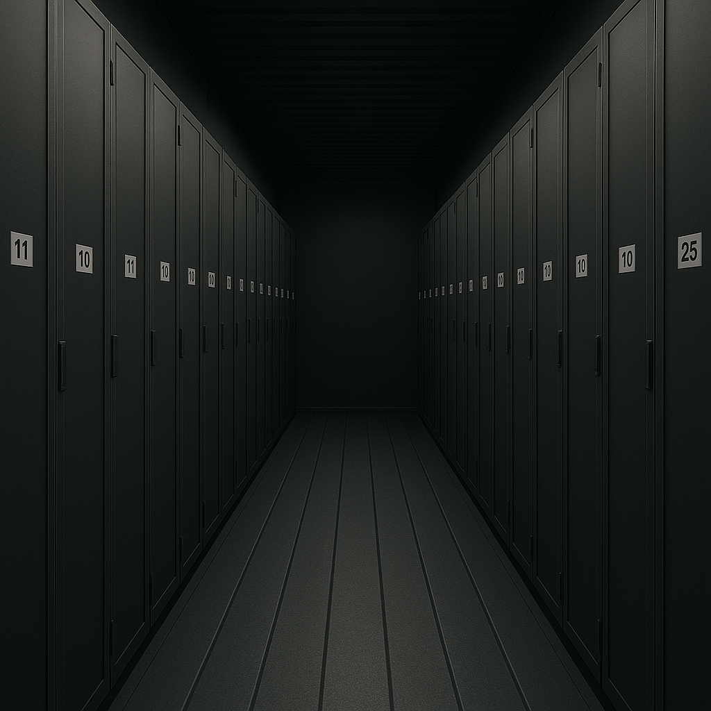 A dark locker room corridor with rows of black lockers on both sides, each labeled with a number, extending into the distance.