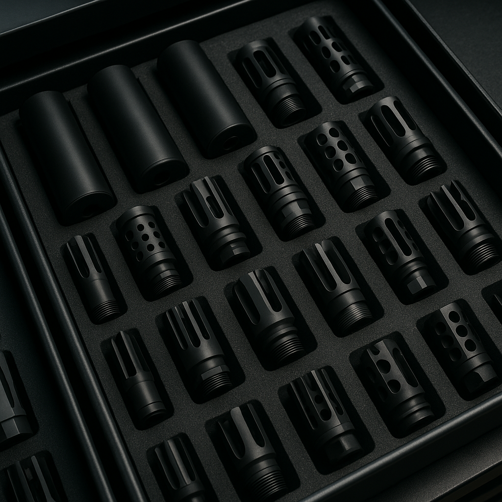 A collection of black firearm suppressors in a foam-lined case.