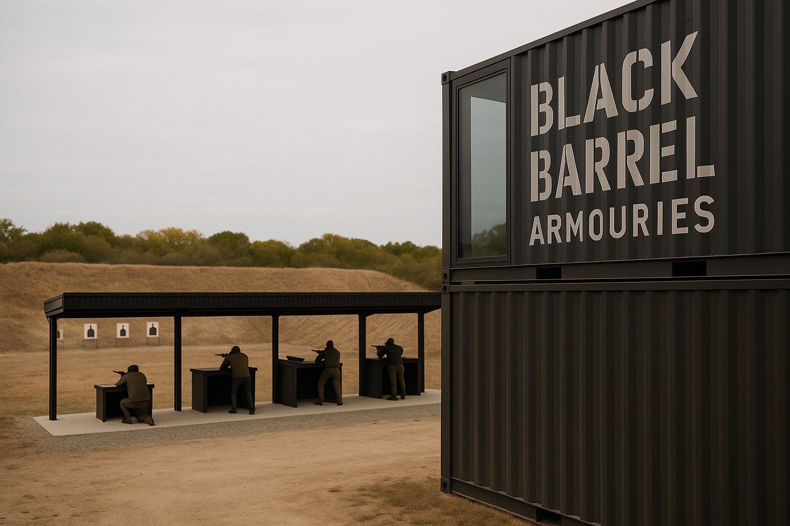 Shooting range with four people aiming rifles at targets in an outdoor shooting bay, and a large black shipping container with 'Black Barrel Armouries' written on it.