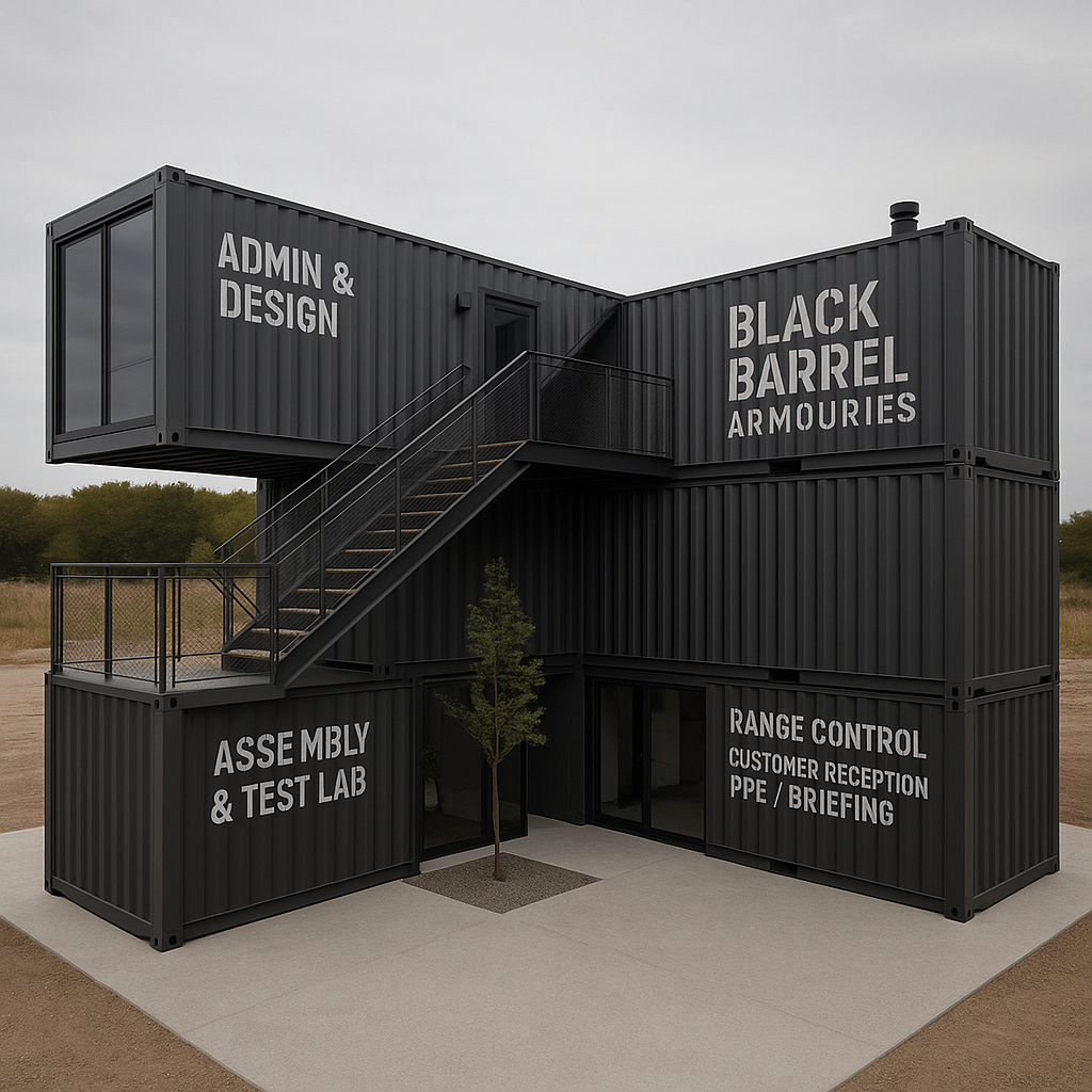 Modern two-story building made of stacked black shipping containers with white text indicating various functions such as 'Admin & Design', 'Black Barrel Armories', 'Assembly & Test Lab', and 'Range Control, Customer Reception, PPE, Briefing'.