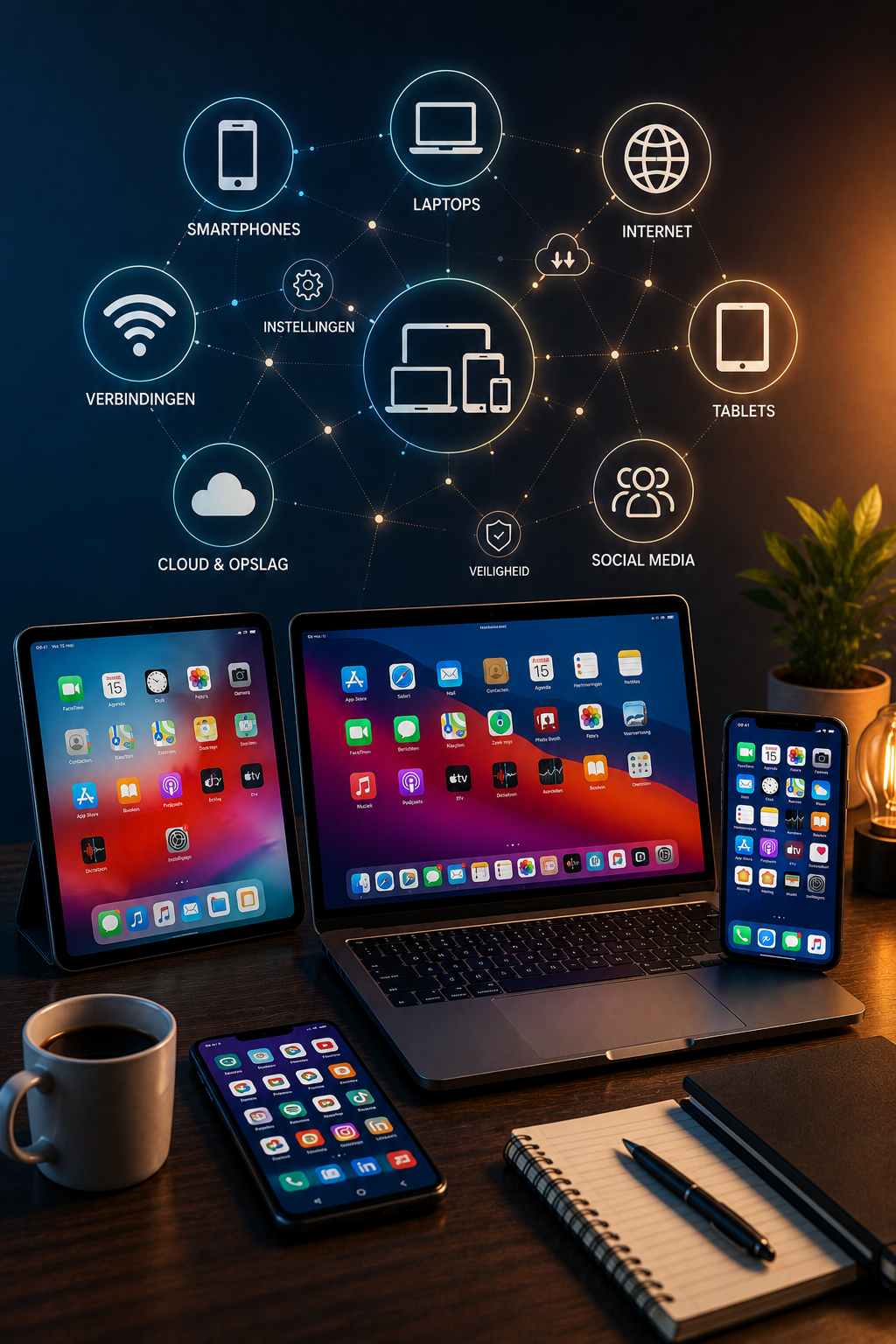 Een set van verschillende elektronische apparaten zoals tablets, laptops en smartphones op een bureau, met een netwerkdiagram boven de apparaten dat verbindingen tussen smartphones, laptops, tablets, internet, cloud, sociale media, en beveiliging aangeeft.