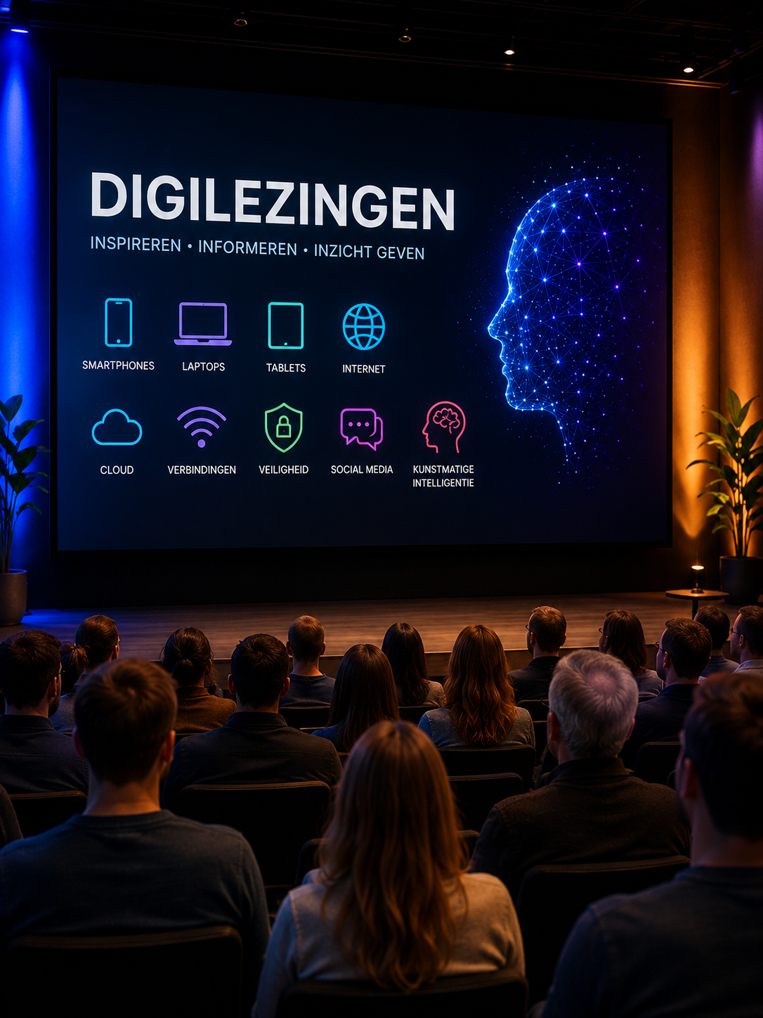 Presentatie over digitale vaardigheden met icons voor smartphones, laptops, tablets, internet, cloud, verbindingen, veiligheid, social media en kunstmatige intelligentie op een groot scherm voor een groep mensen in een auditorium.