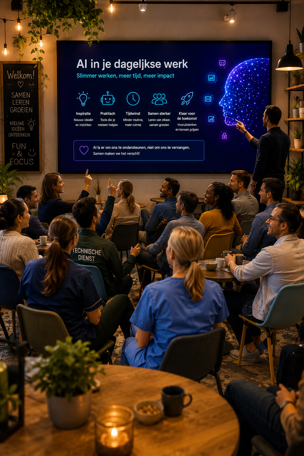 Een groep mensen zit in een vergaderzaal en kijkt naar een grote digitale scherm met een presentatie over AI in dagelijks werk, terwijl een man wijst naar het scherm.